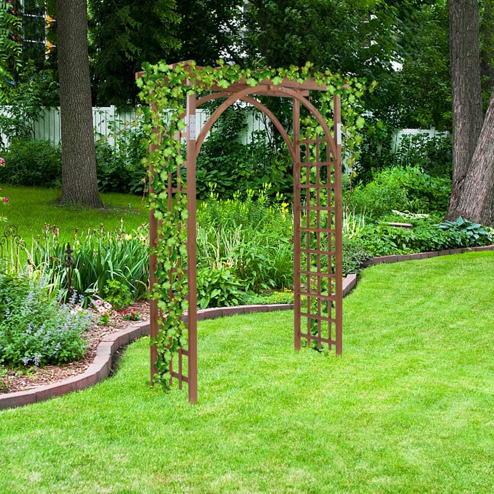 7Ft Dark Brown Wooden Garden Arbor Arch Trellis | Heavy duty wood pergola archway for climbing roses vines, perfect for