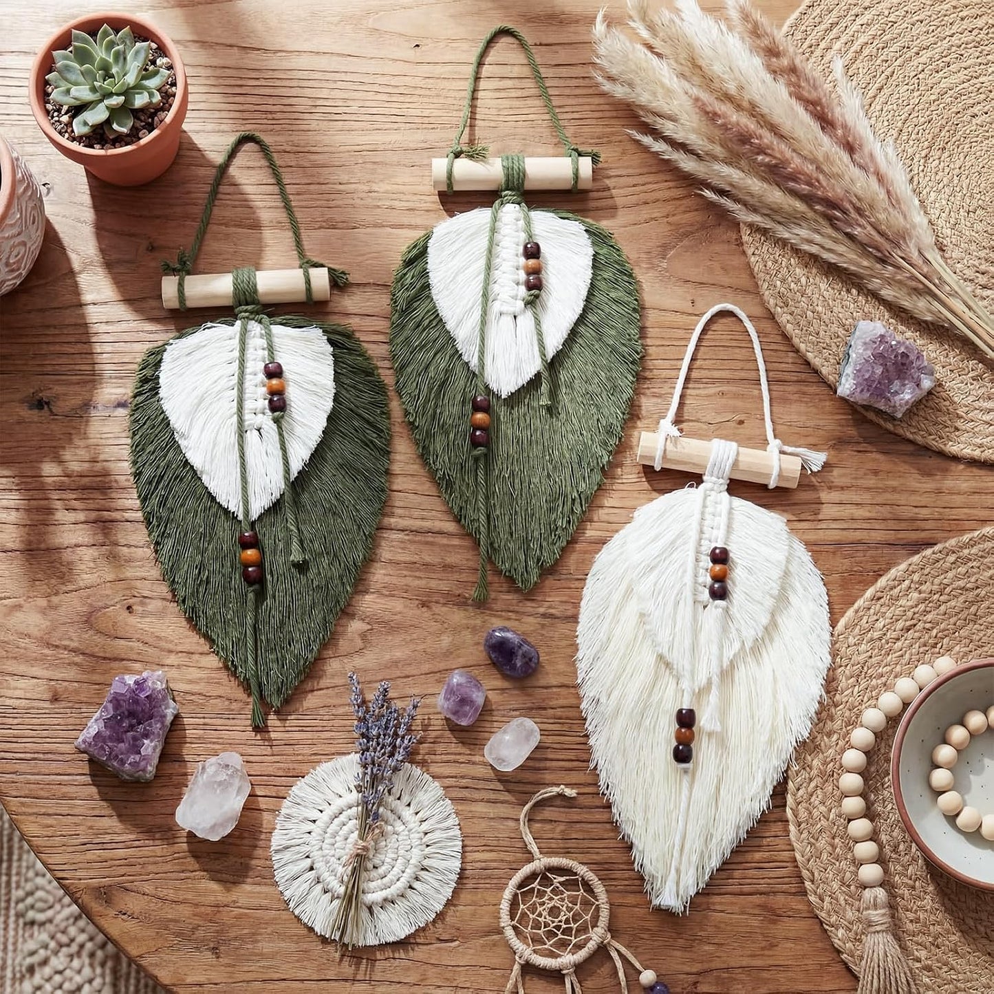 Macrame Wall Hanging Boho Woven Tapestry Handmade Home Decor Wooden / Leaf / Sage Green / Set of 3