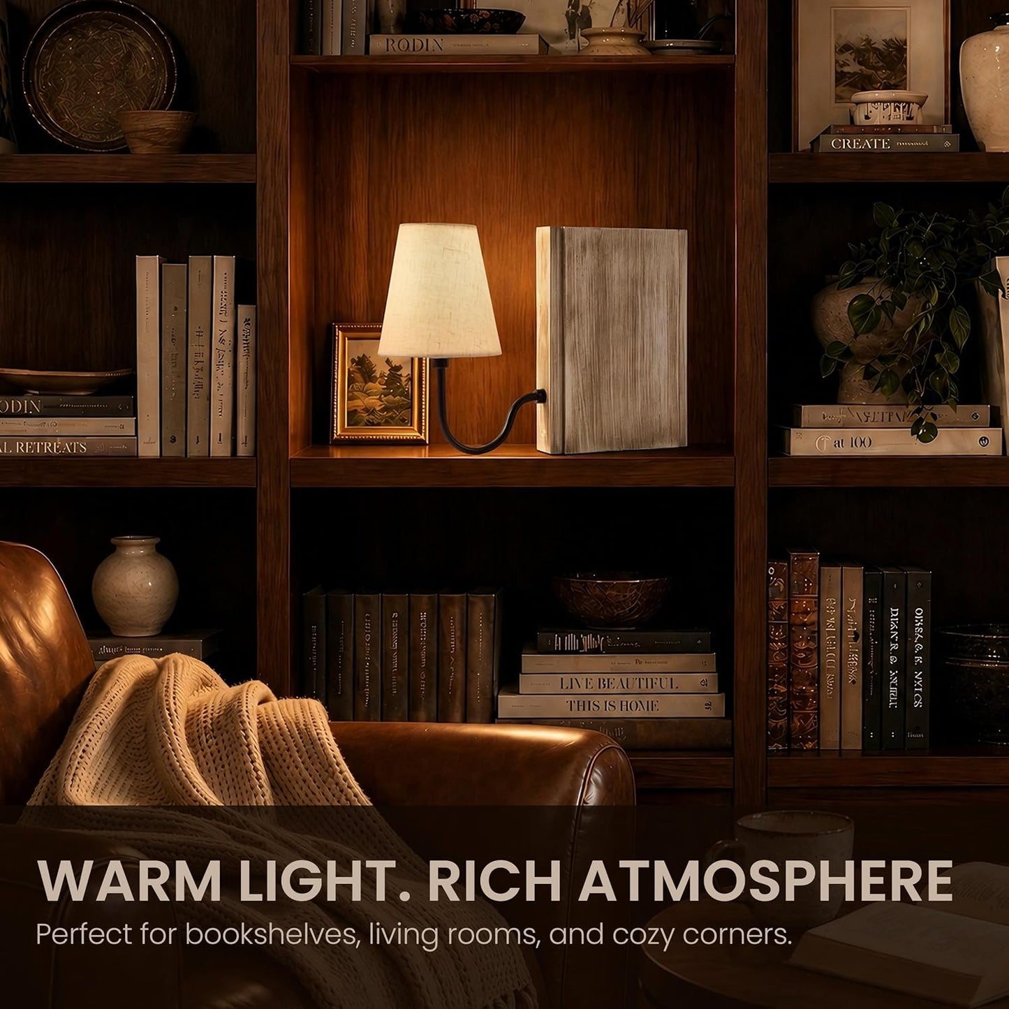 Solid Wood Bookshelf Lamp with Bulb, Cordless Rechargeable Touch Dimmable Table Lamp with Linen Fabric Shade, Modern
