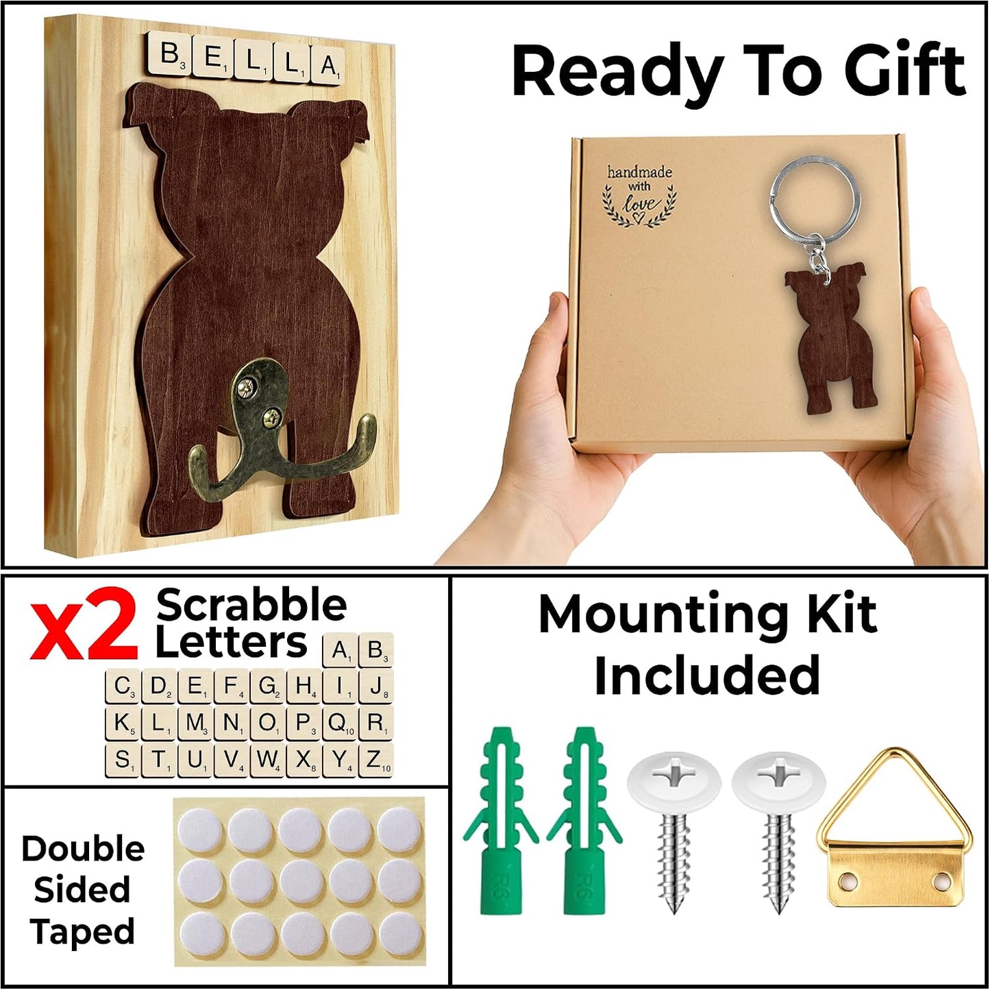 Wooden Dog Wall Hook Organizer / 7.8 x 5.5 / Pitbull