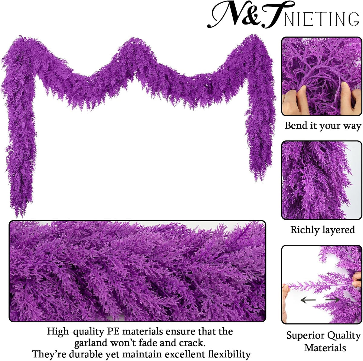 9Ft Christmas Cedar Garland,Purple Real Touch Soft Christmas Decorations | Realistic Thick Full Lush Artificial