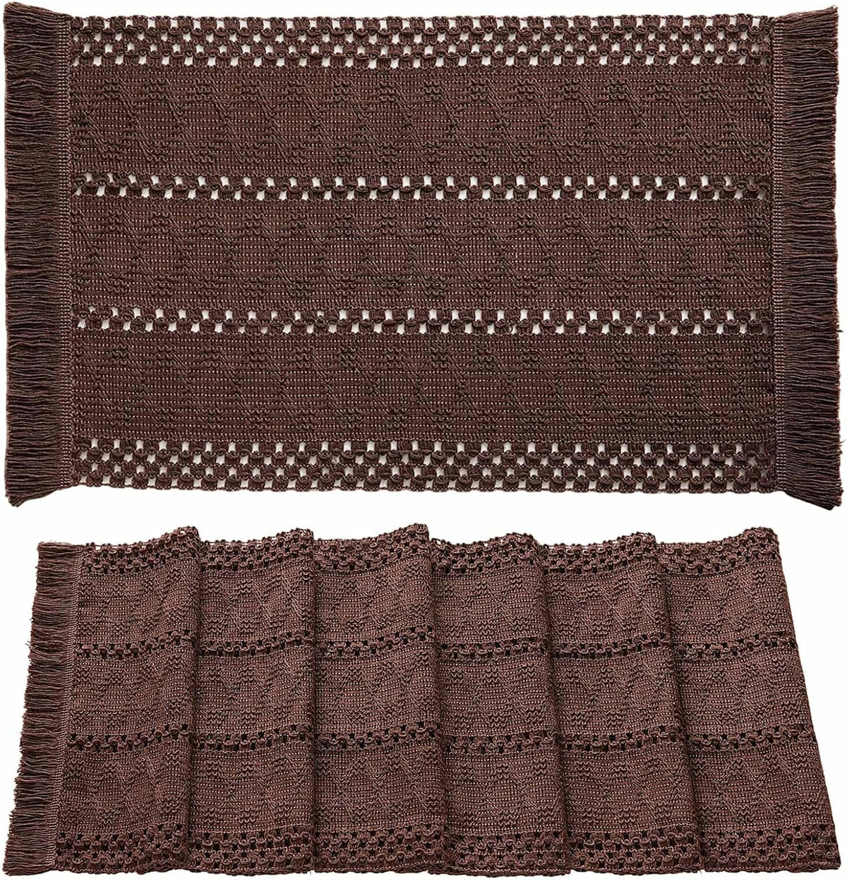 Macrame Style Boho Placemats Set of 6, Chocolate 12x20 Inch | Decorative Farmhouse Table Mats, Natural Cotton Woven