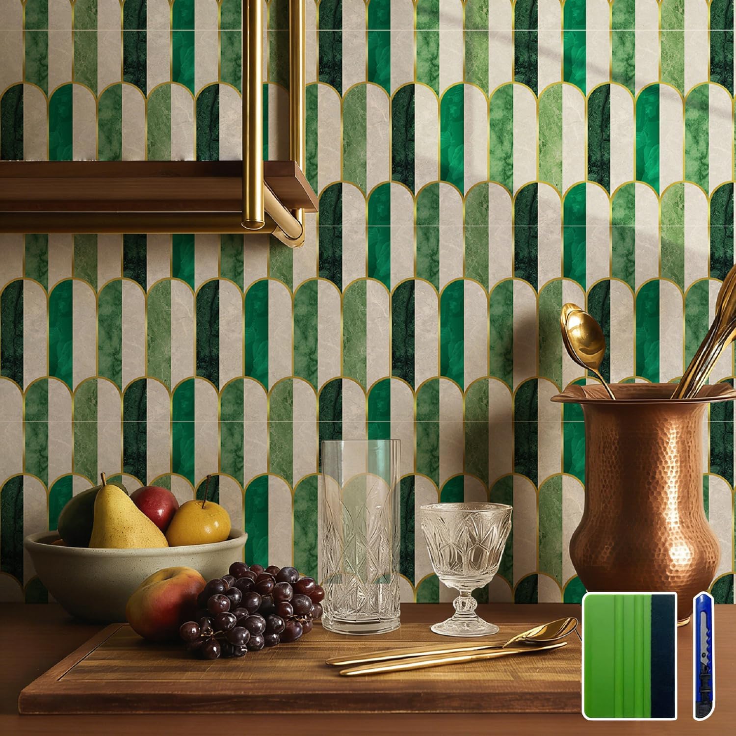 Holographic Emerald Art Deco Peel and Stick Backsplash / Arch Mosaic / 5.9 x 5.9 / 10 Sheet