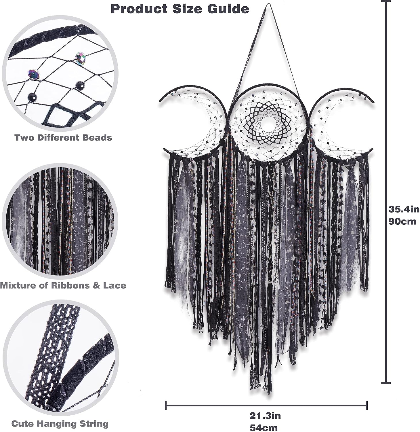 Black Triple Moon Goddess Macrame Wall Hanging / Shadow Black