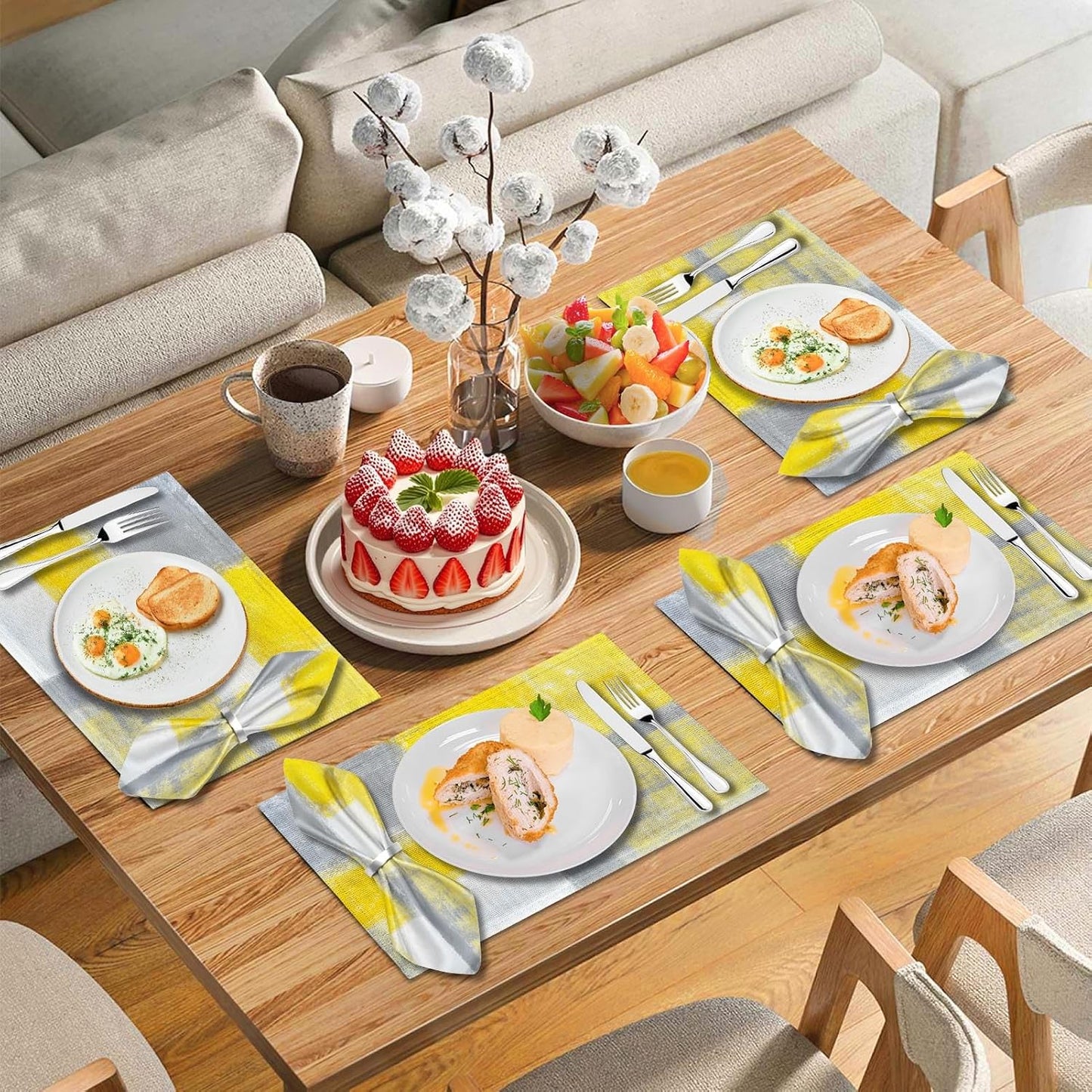 MCALK 4 Each Yellow Placemats and Cloth Napkins Set of 8, Modern Abstract Art Painted Placemat for Home Kitchen Decor