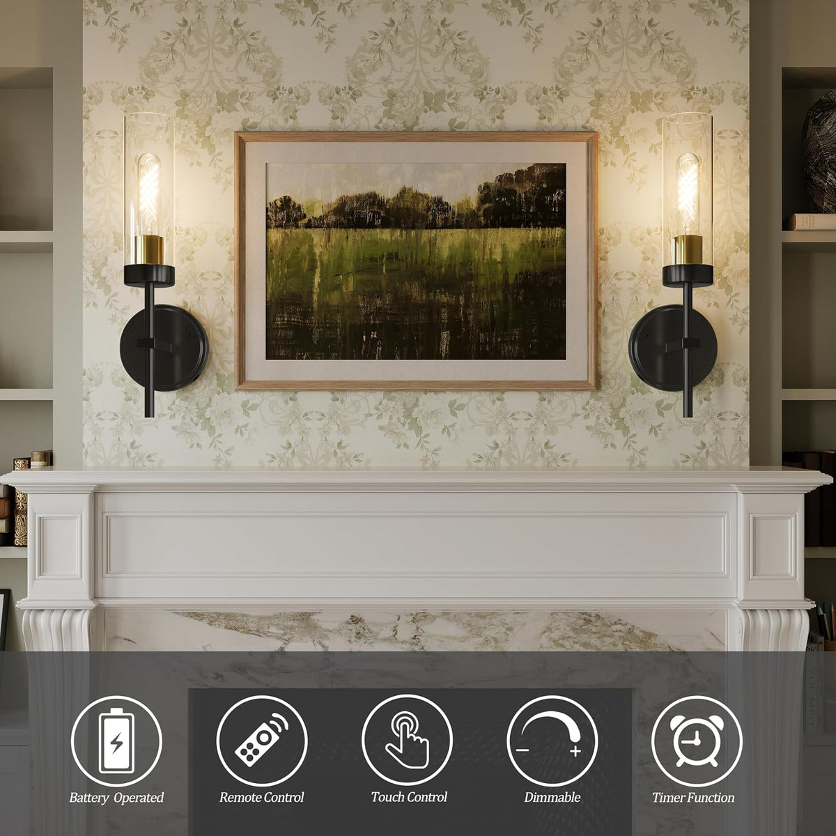 Black Gold Battery Operated Wall Sconce Set of 2, Wireless Wall Sconces with Remote, Rechargeable 3000K Dimmable Wall