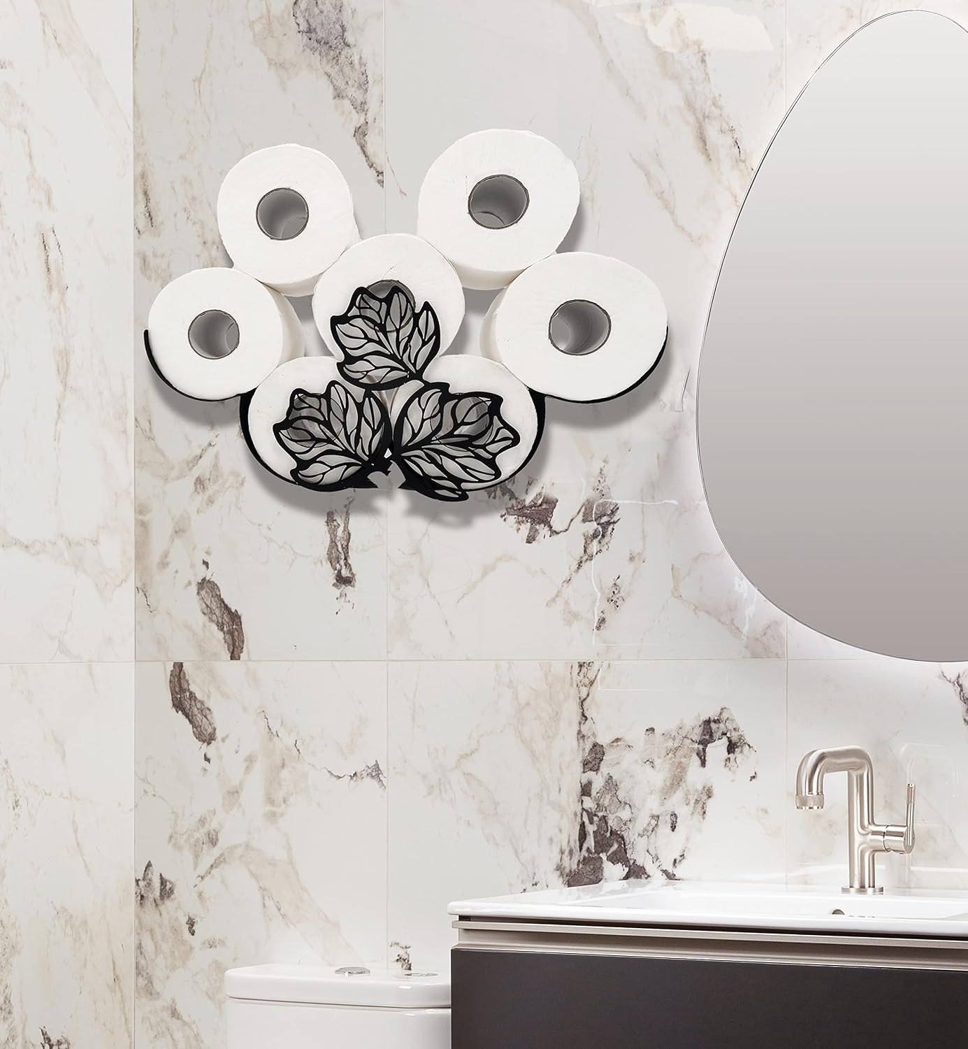 Leaves Metal Wall Toilet Tissue Holder, Black Toilet Paper Storage, Cute Wall Organizer for Bathrooms, Holds Extra 8