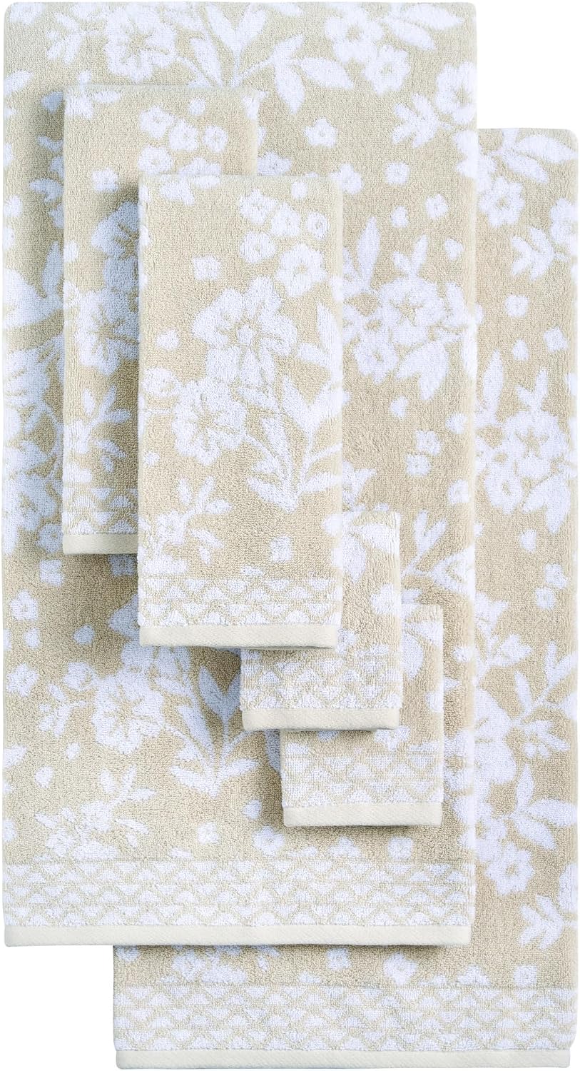 Lucky Brand Folk Floral 6 Piece Bath Towel Set - (2) Bath Towels, (2) Hand Towels, and (2) Washcloths - Beige Taupe