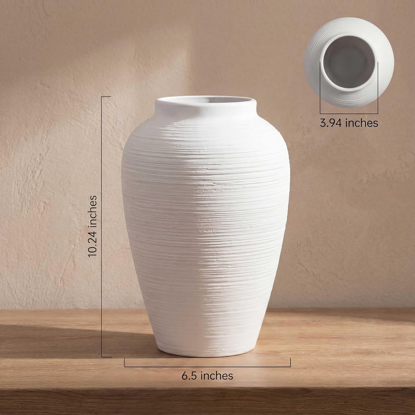 Off-White 10" Ceramic Vase / White Ribbed - 10" Medium