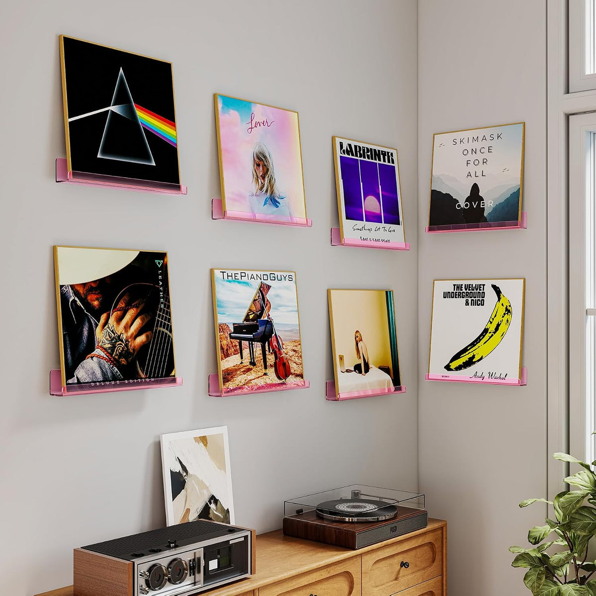 Vinyl Record Wall Mount Shelves, 12 inch Vinyl Holder, 8 Pack, Pink | Acrylic Floating Shelves for Album Record Storage
