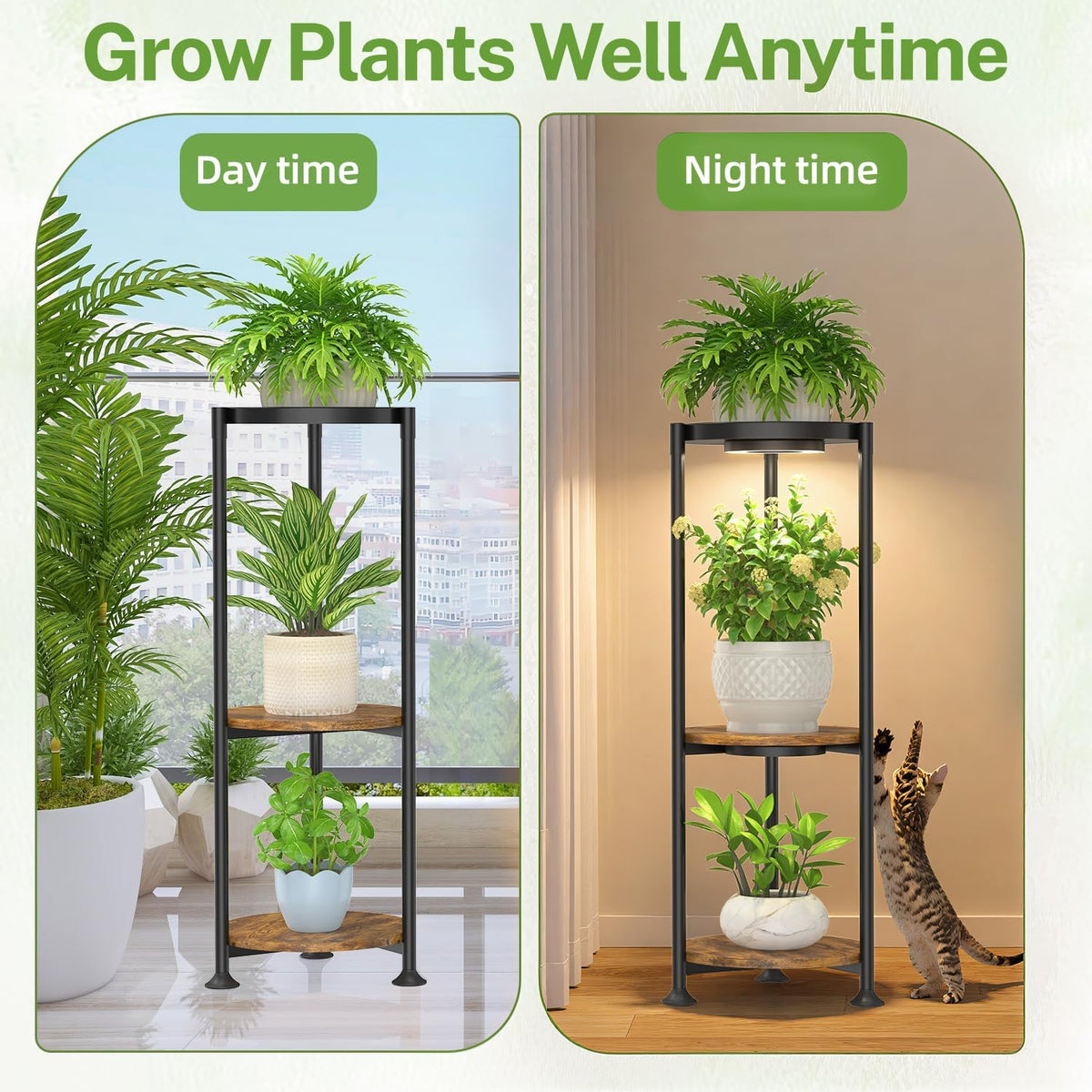 iDavosic.ly 3 Tier Corner Metal Plant Stand Indoor with Grow Light, Black | Vertical Outdoor Flower Display Holder for