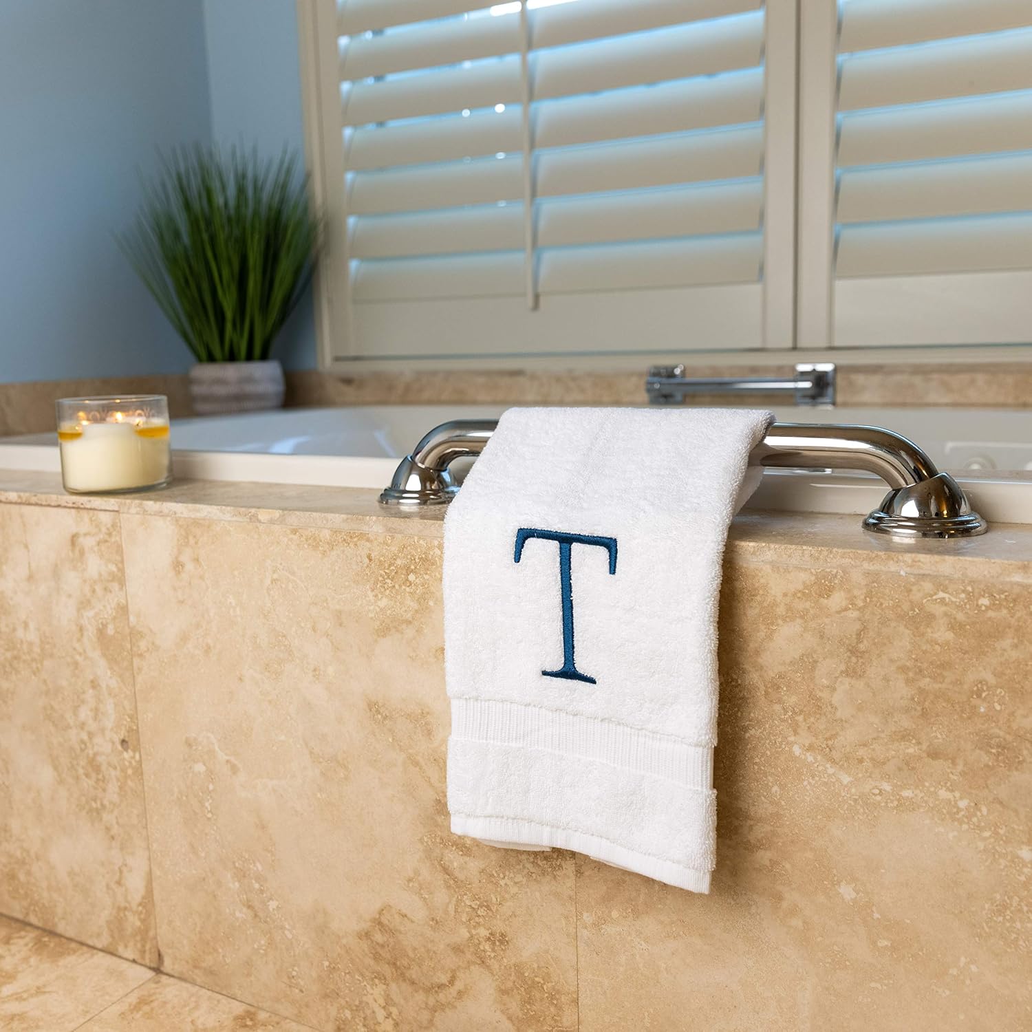 White with Navy Monogrammed Hand Towels for Bathroom - Set of 2 Letter T | Luxury Hotel Quality Initial Towels For