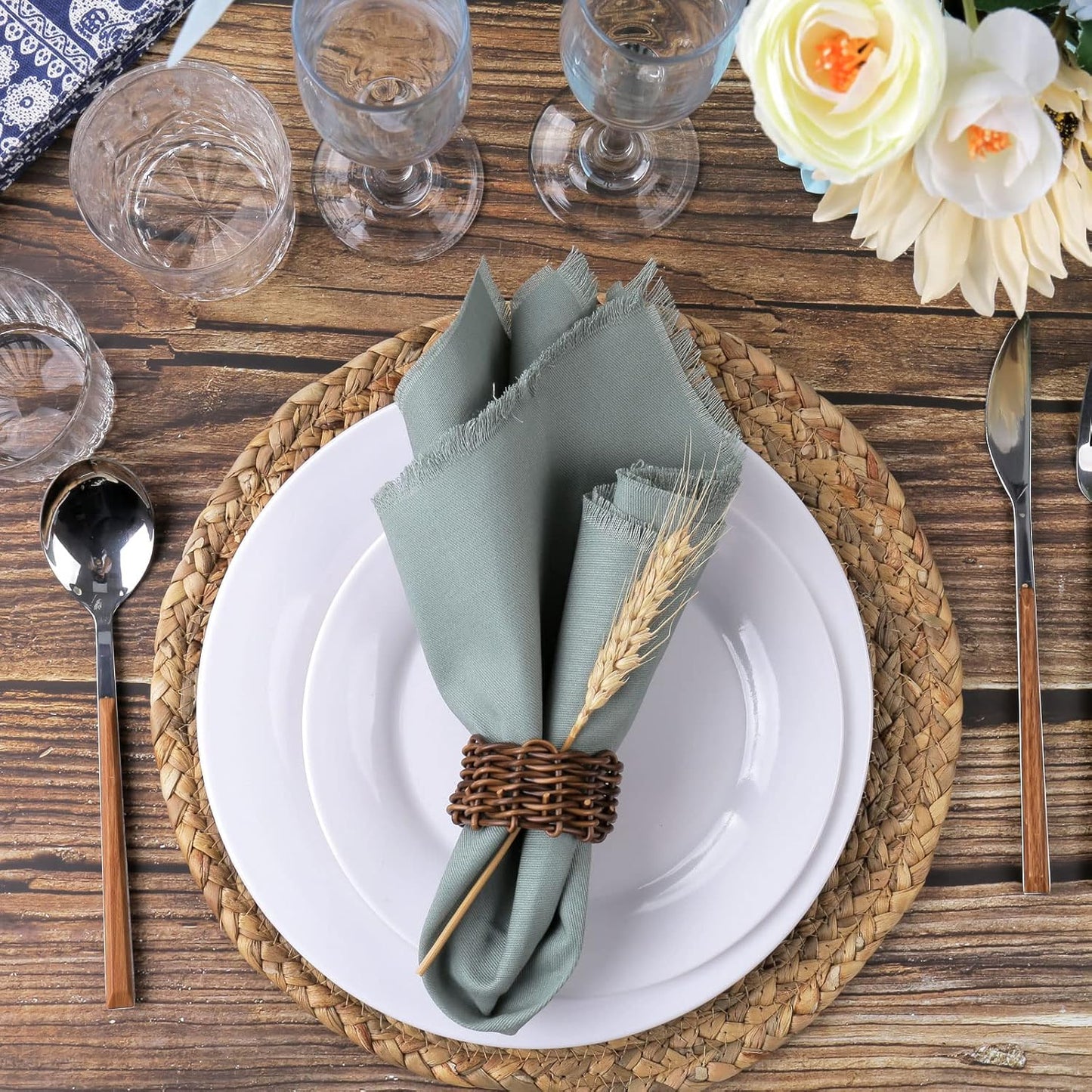 Napkin Buckles Holder Bulk for Farmhouse / Rattan / Natural / Set of 6