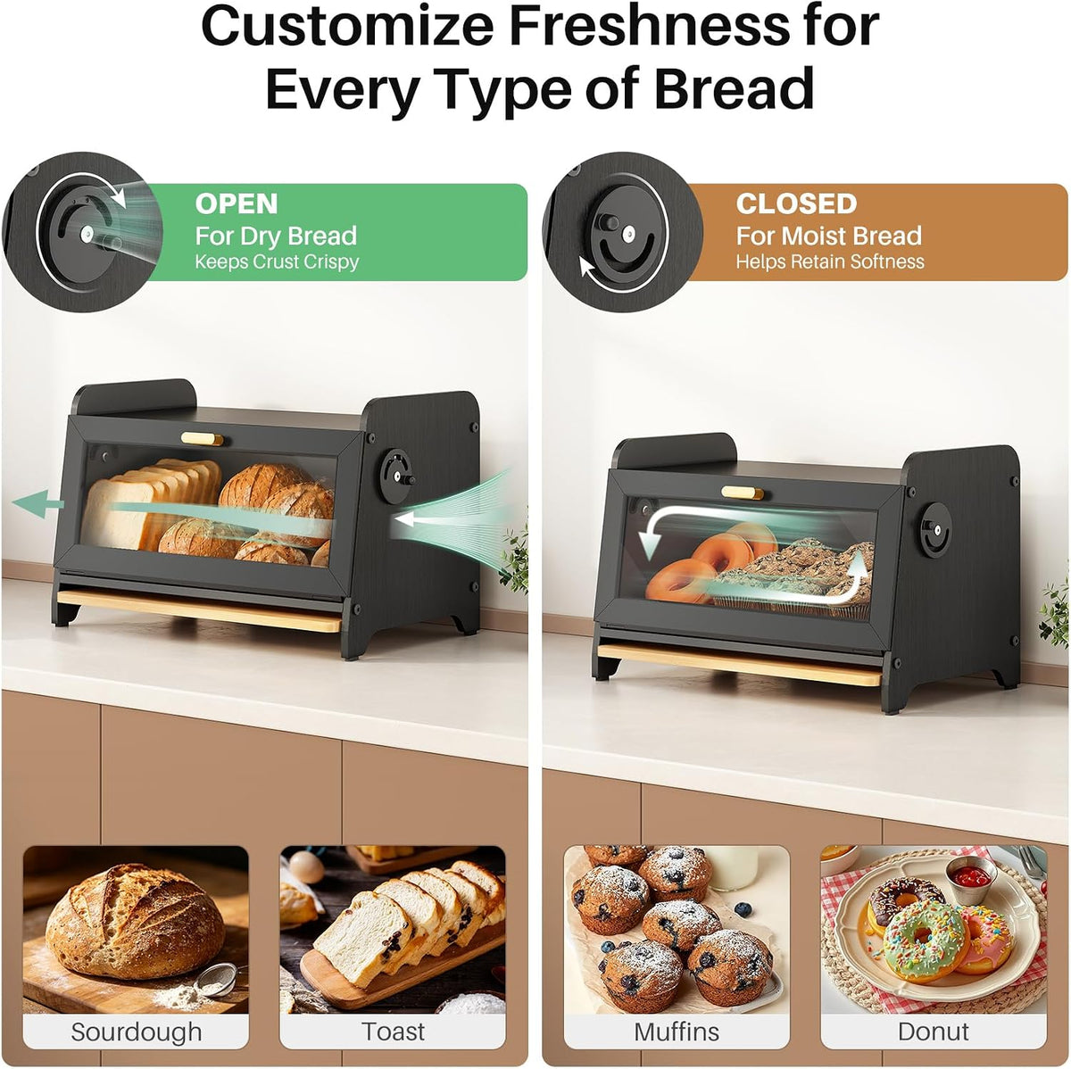 SNTD Bread Box for Kitchen Countertop, Bamboo Cutting Board, 1 Tier, Black | Adjustable Vent Hole, Airtight Design