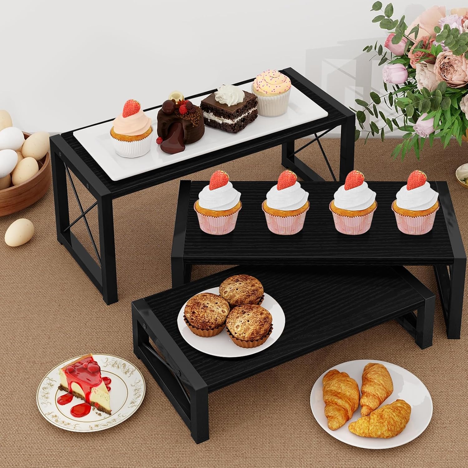 ELITEROO Black 3-Tier Wooden Cupcake and Dessert Display Stand, Multi-Tier Riser for Cupcakes, Food, Perfume, Makeup