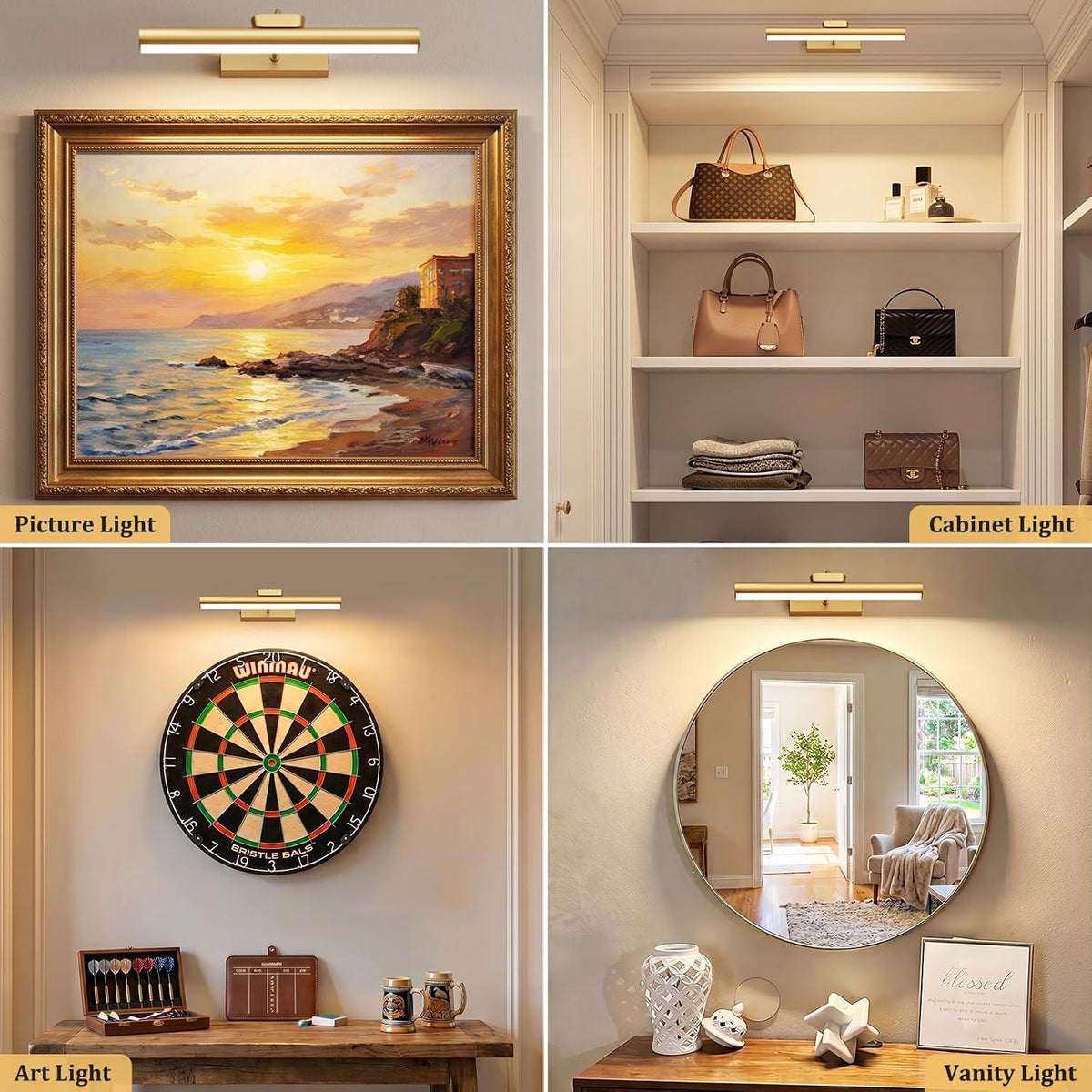 13.8" Cordless Picture Light for wall, Gold, 2 Pack | 4000mAh Rechargeable art lights, RF Remote, Magnetic Detachable