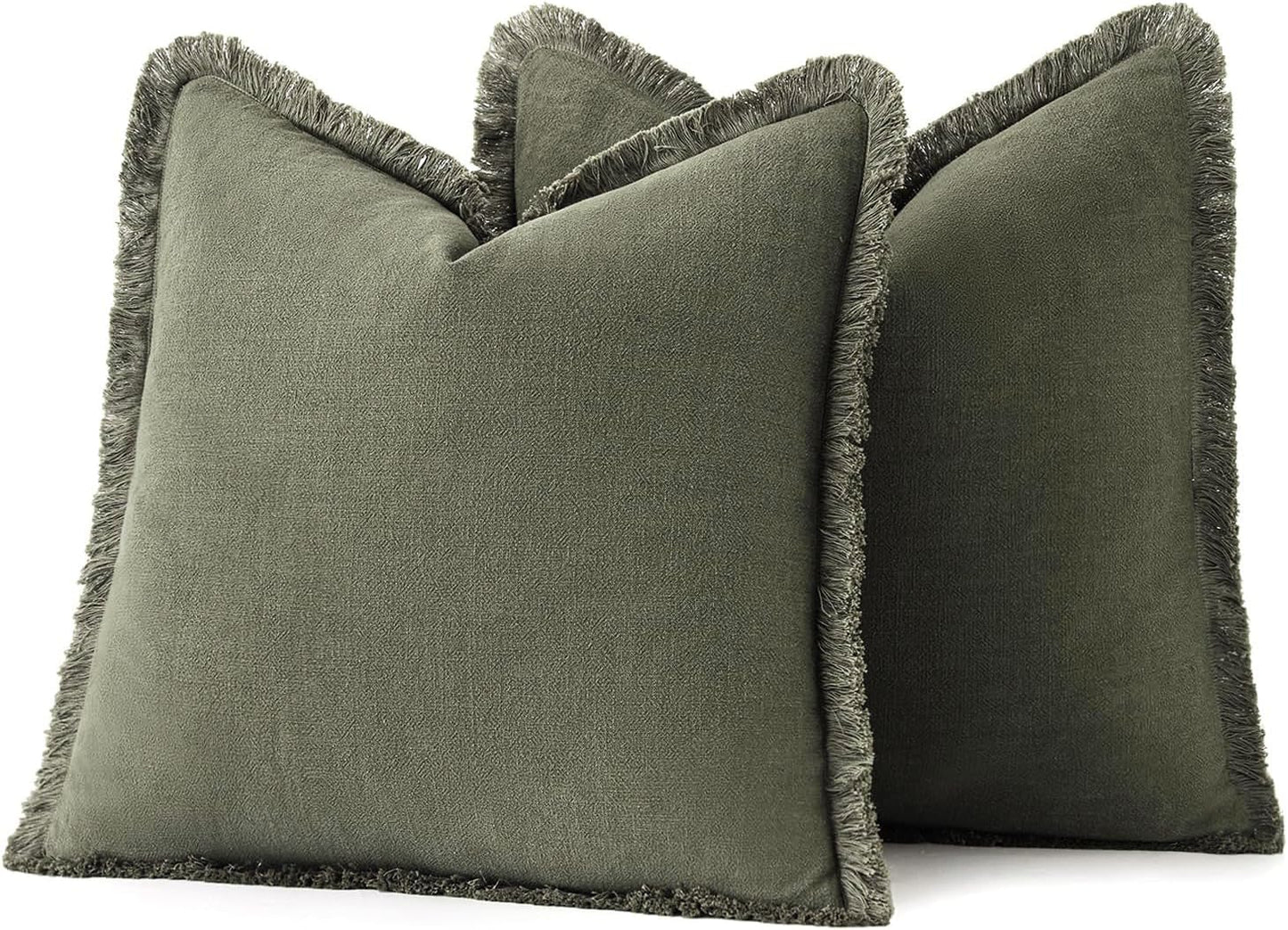 Decorative Throw Pillow Covers Neutral Linen Fringe Throw Pillows / 18 x 18 / Olive Green / Set of 2