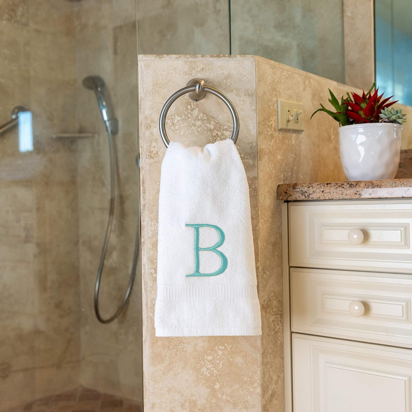 White with Teal Monogrammed Hand Towels for Bathroom - Set of 2 Letter B | Luxury Hotel Quality Initial Towels For