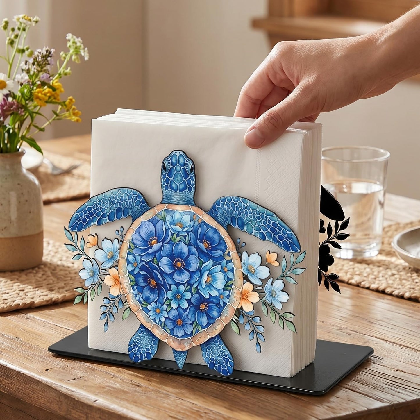 Metal Paper Napkin Standing Holder Dispenser for Dinner Kitchen / Coastal Sea Turtle