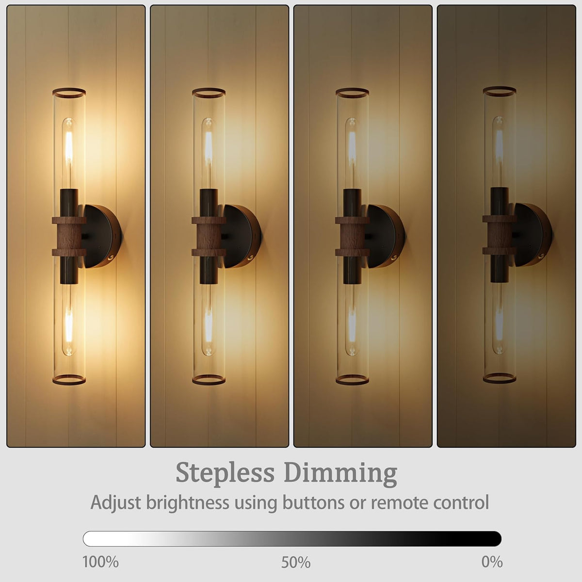 Rayogale Black & Walnut Wireless Battery Operated Wall Sconces with Remote | Glass Rechargeable Wall Lights Set of 2