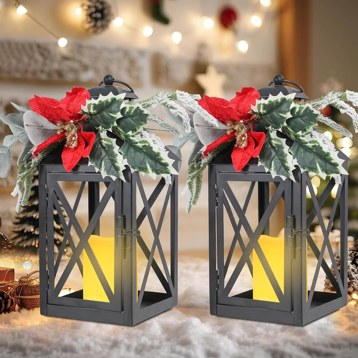 Christmas Decorative Lanterns 2 Pack 12 Inch with Timer Candles Xmars Decor | 12 inch black metal Christmas lanterns