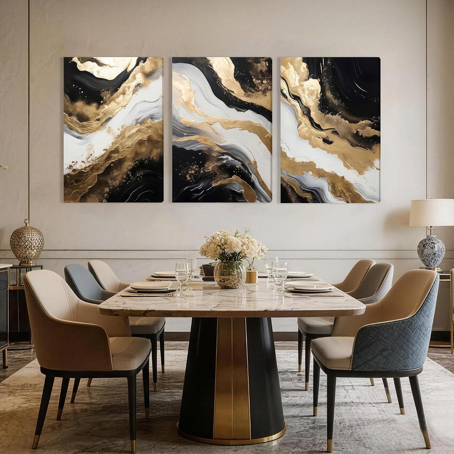 Black Gold Canvas Black Marble Picture Wall / 20L" x 30W / Black and Gold