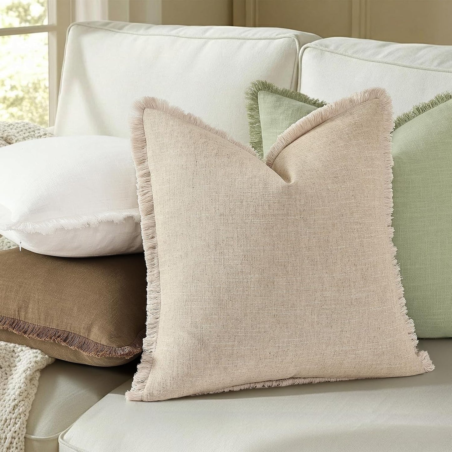 Summer Decorative Neutral Linen Fringe Throw Pillow Covers / Natural Beige / 18 x 18 / Set of 2