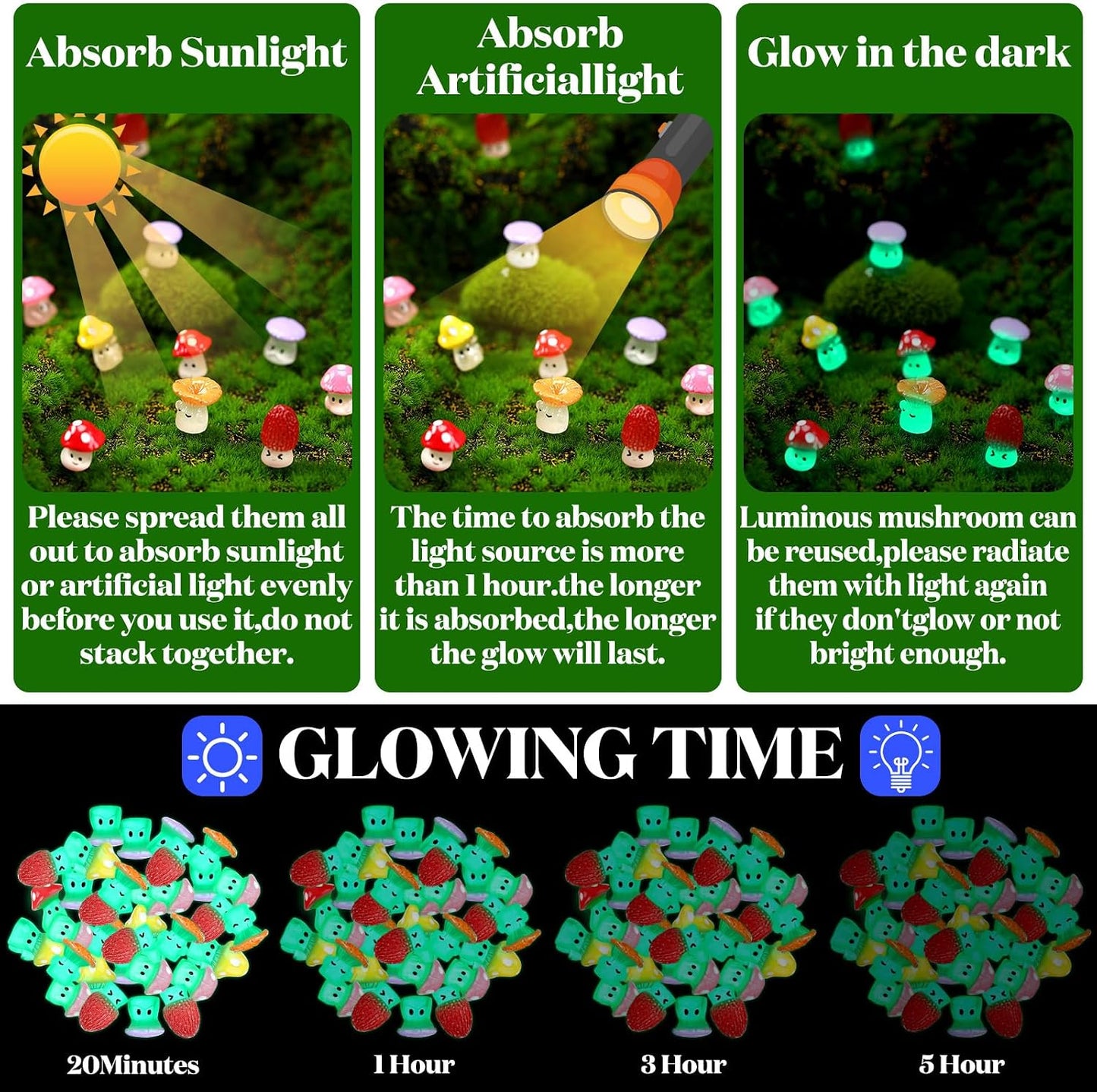 96 Luminous Glow in The Dark Mini Mushrooms Bulk Tiny Resin Mushroom Figurines Miniature / Classic