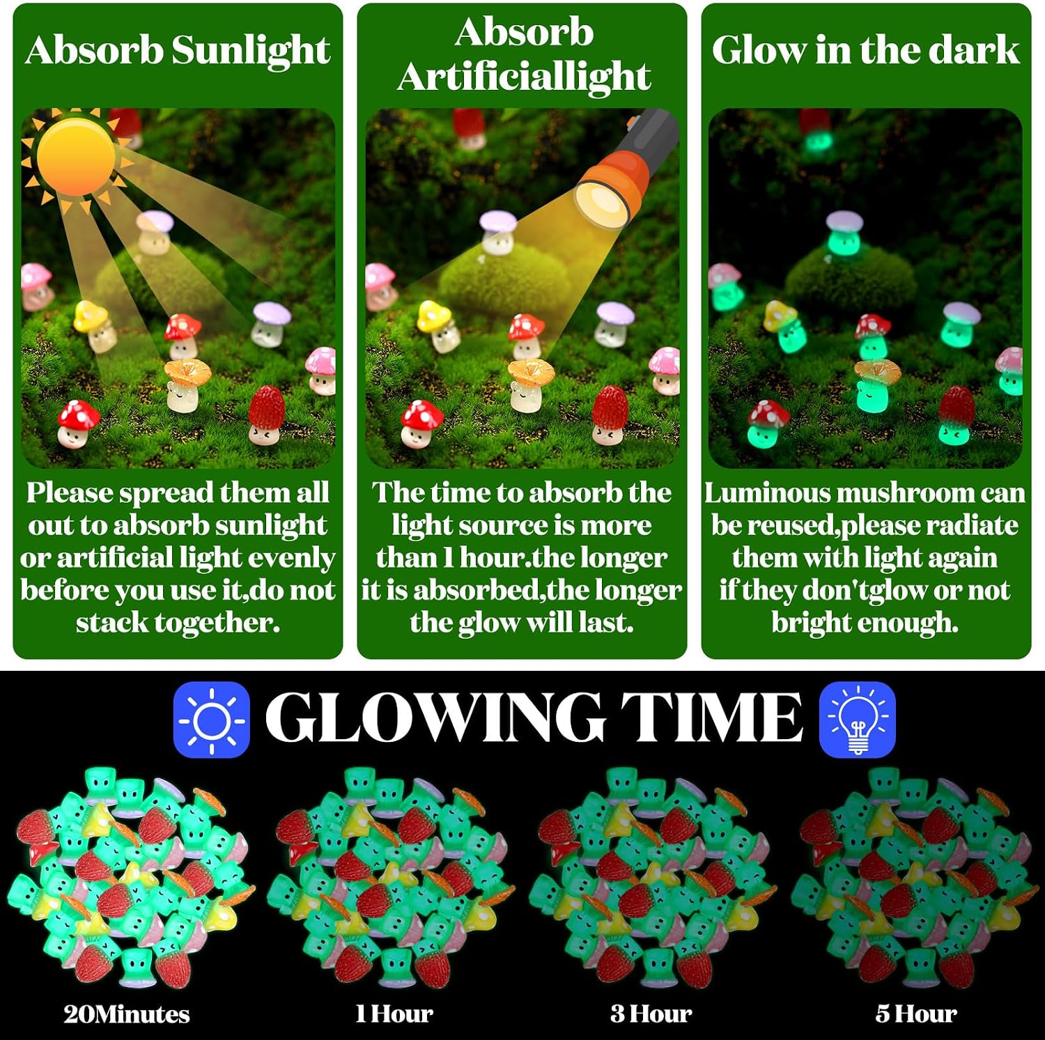96 Luminous Glow in The Dark Mini Mushrooms Bulk Tiny Resin Mushroom Figurines Miniature / Classic