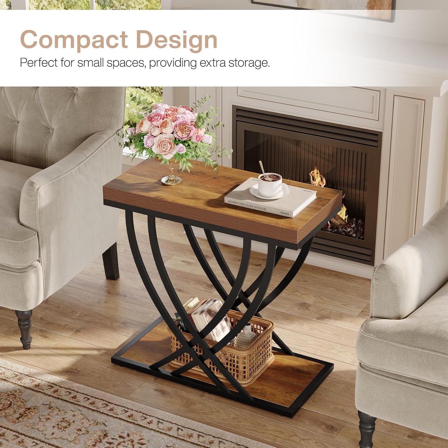 Metal Frame / 2-Tier Narrow End Table / Rustic Brown