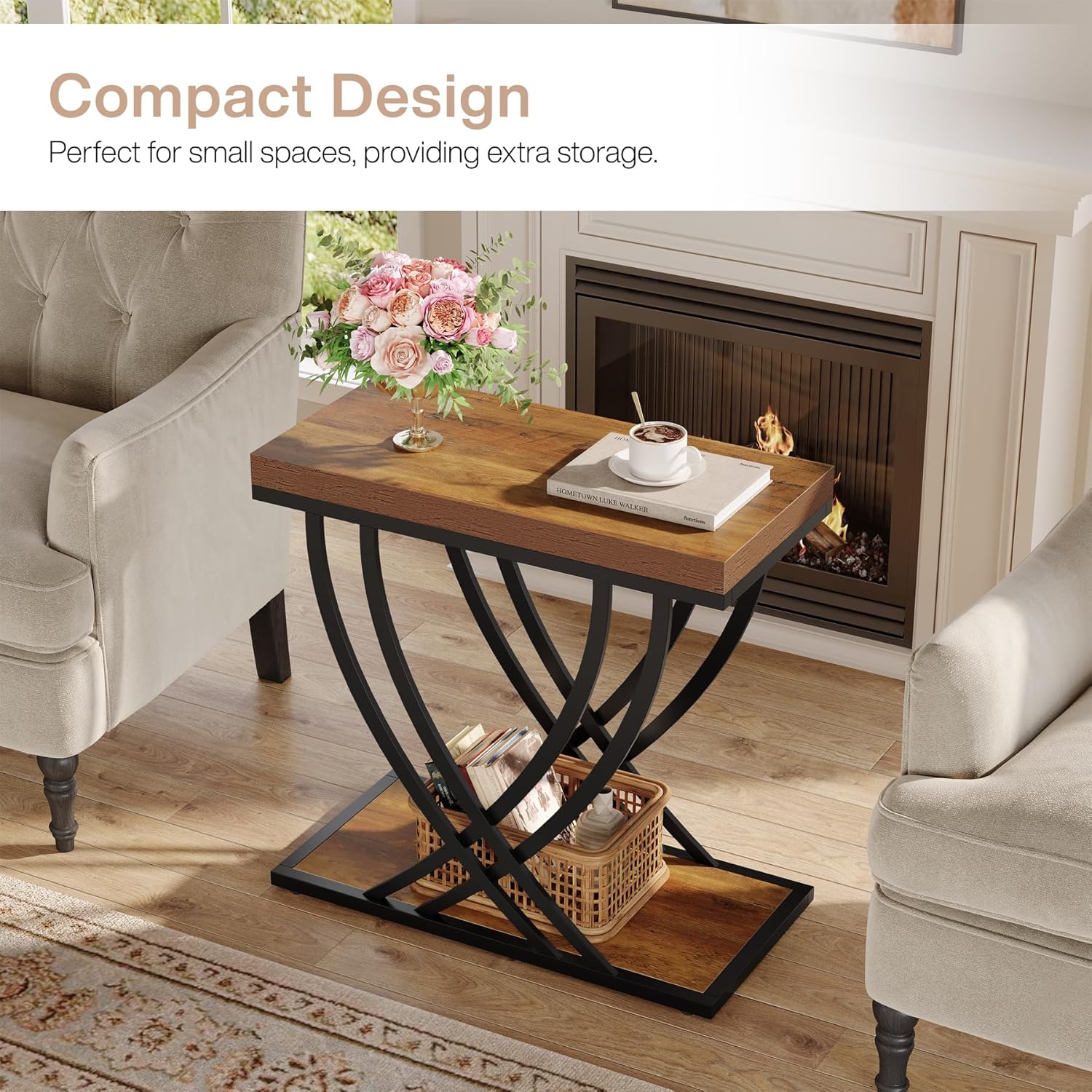 Metal Frame / 2-Tier Narrow End Table / Rustic Brown