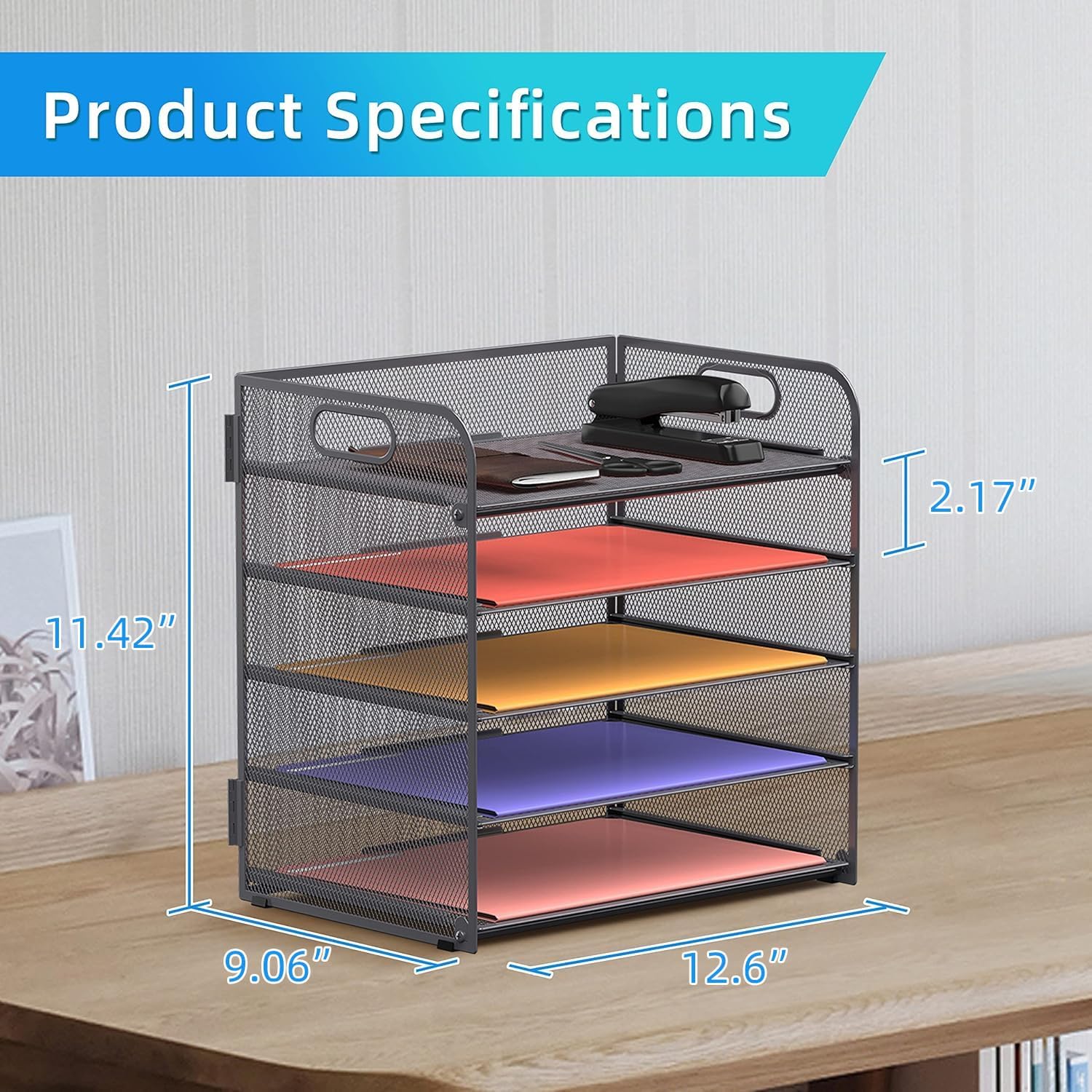 5 Trays Paper Organizer Letter Tray with Handle-Mesh Desk File Organizer, Grey Paper Sorter Desk Organizer for Office