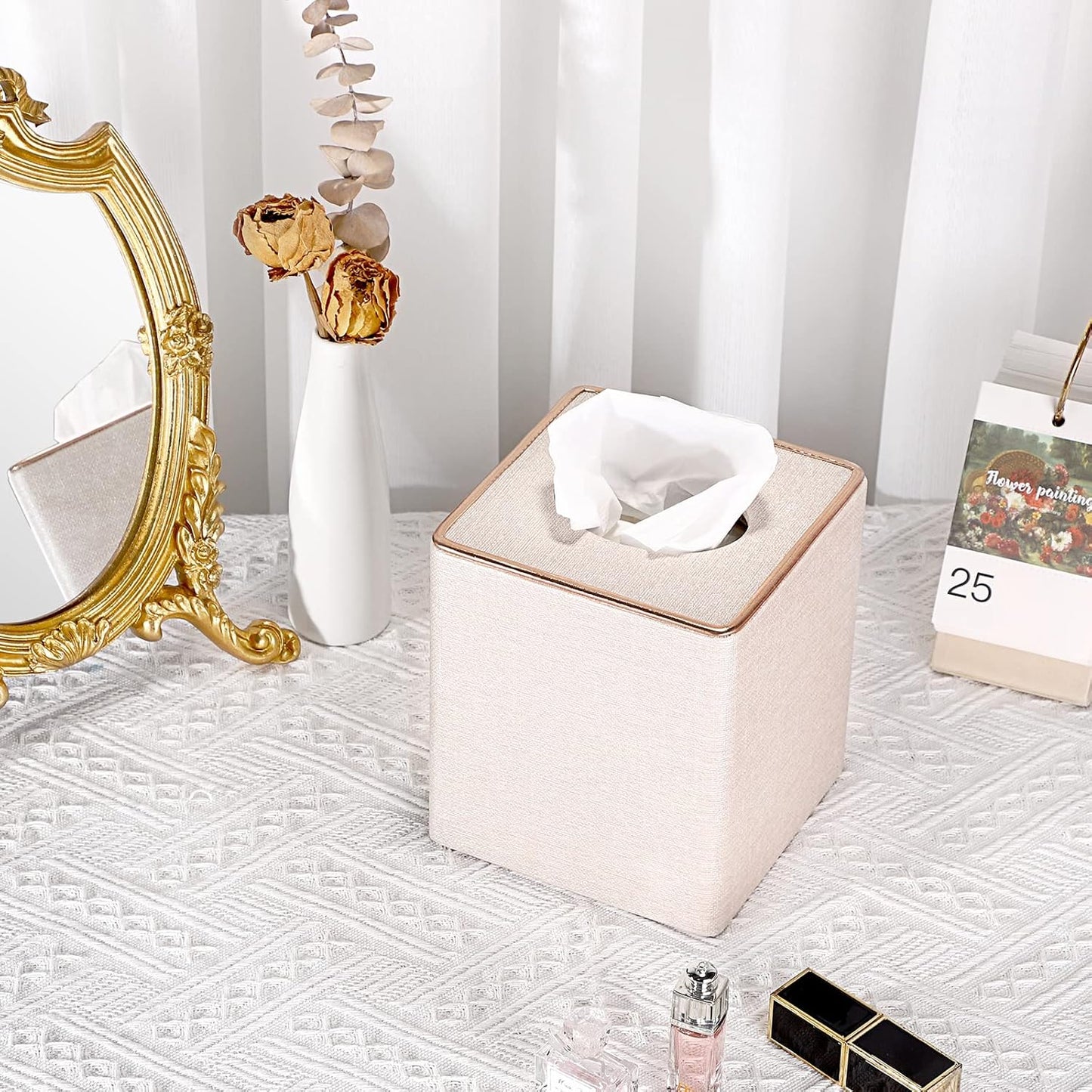Square Linen Tissue Box Cover / Beige Linen Texture