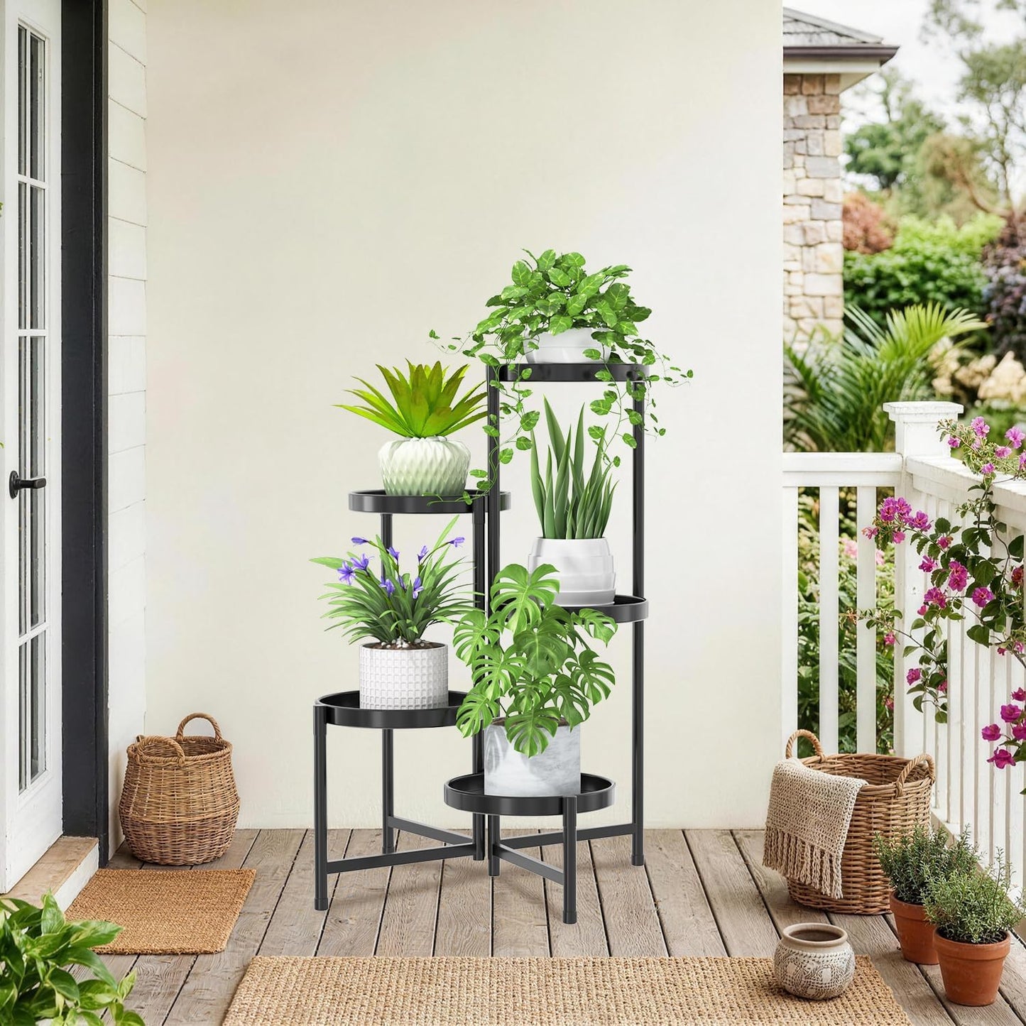 iDavosic.ly 5 Tier Large Plant Stand Indoor Outdoor, 10 In Wide Tray, Black | Tiered Metal Corner Heavy Duty Multiple