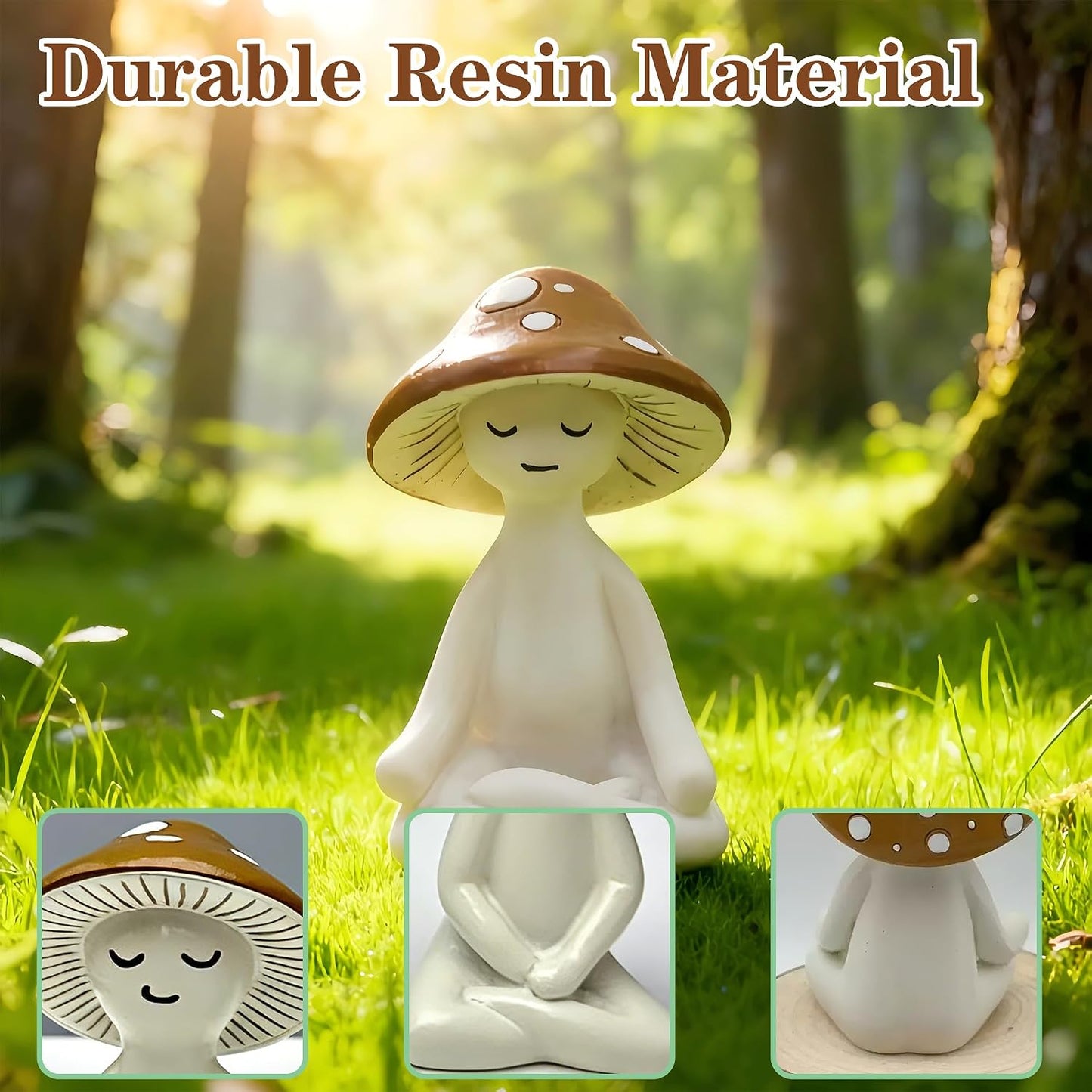 Resin Figurine / Meditation Mushroom Decor Statue / Brown / Set of 3