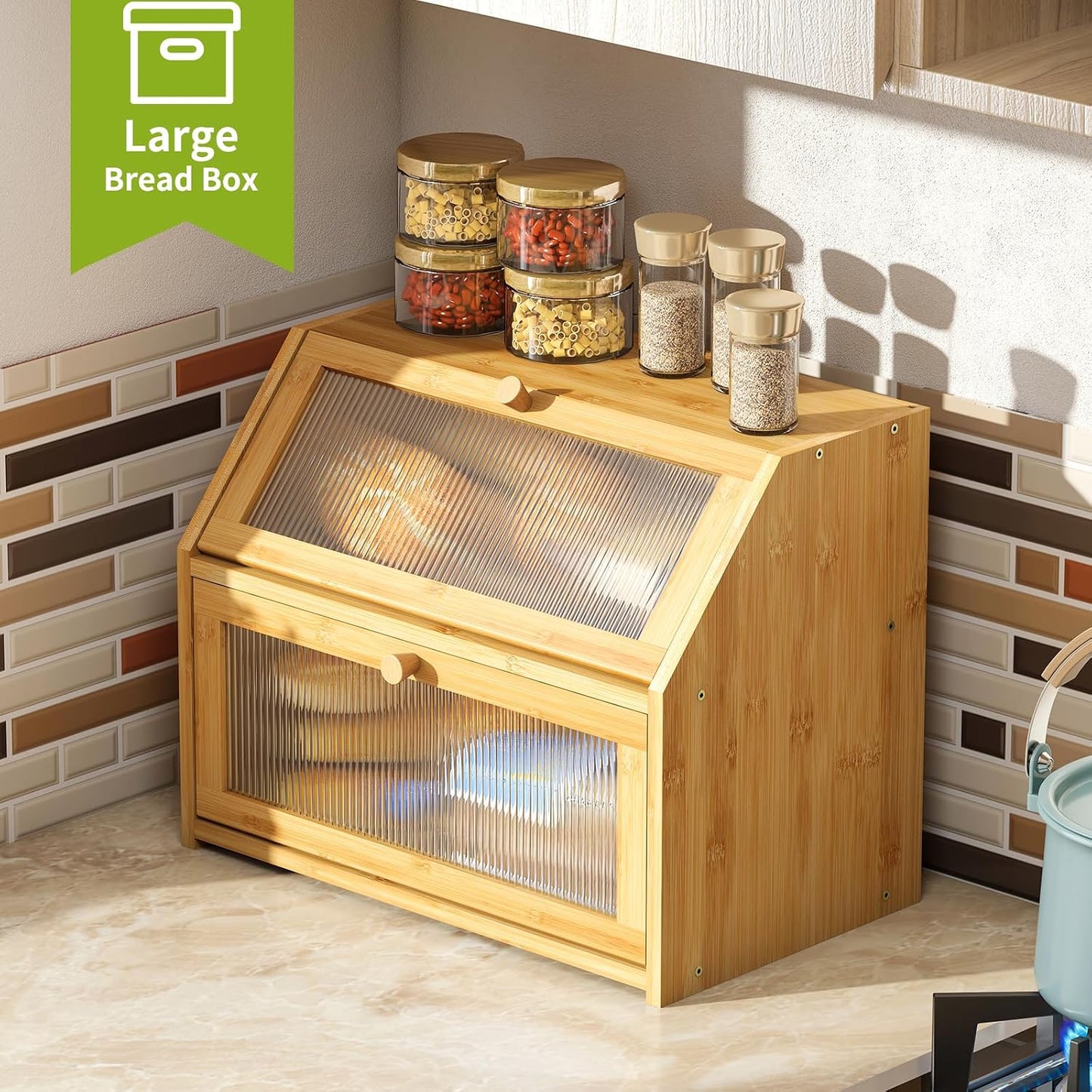 BMOSU Large Bread Box for Kitchen Countertop,Double Layer Bread Box for Kitchen Counter,Bamboo Wood Bread box Capacity