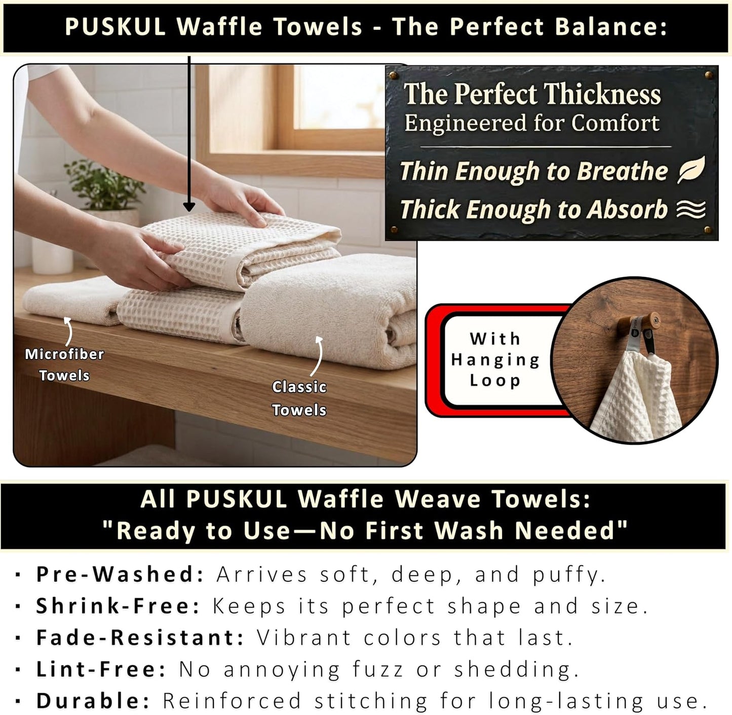 PÜSKÜL Raw-Undyed Natural 100% Turkish Cotton Waffle Towels Set of 4-Piece | 2-Bath sheet (Extra-large 32x63") and