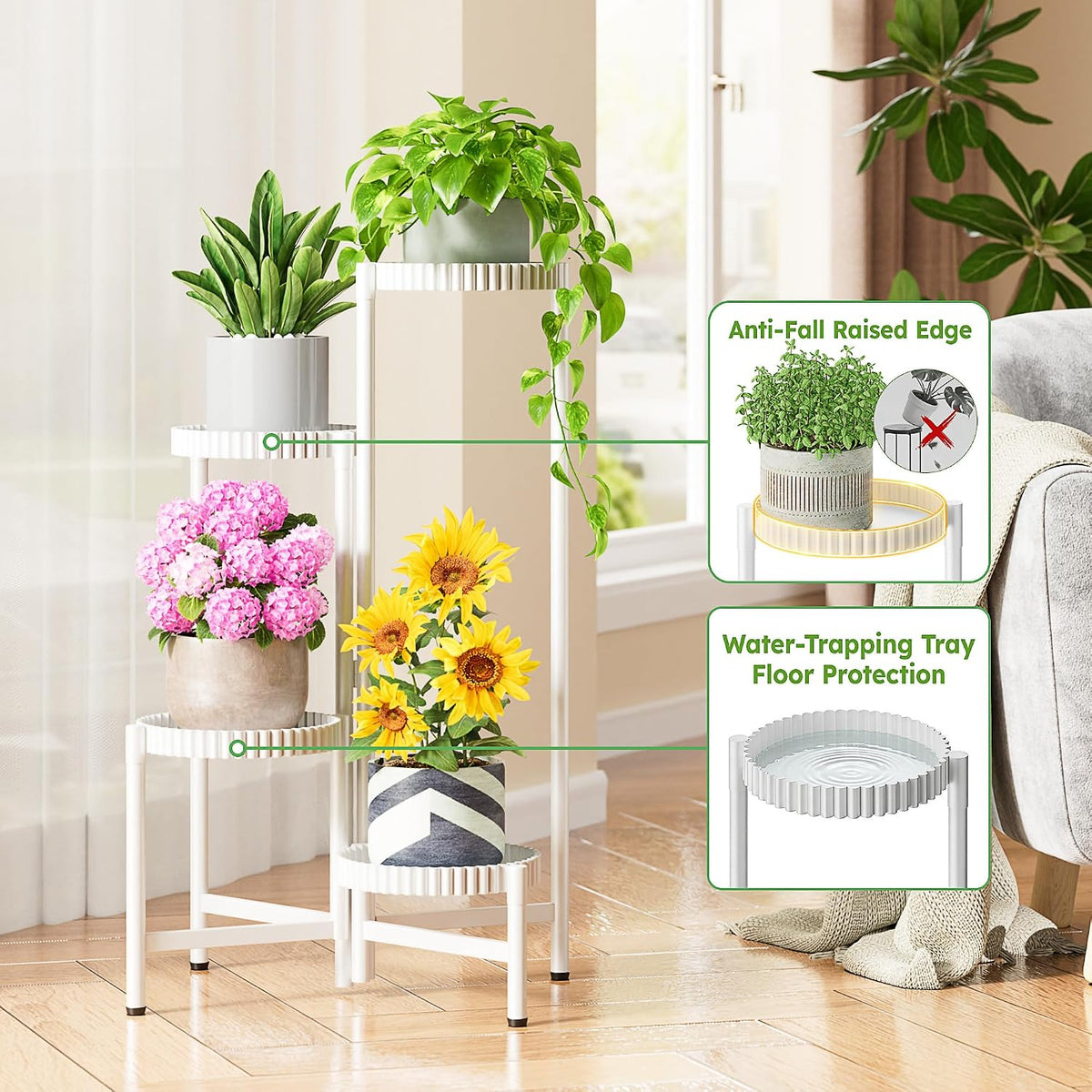 Metal Corner Plant Stand Indoor Outdoor, 4 Tier Tall Flower Pot Holder Potted Display Rack Shelf, Heavy Duty Flodable