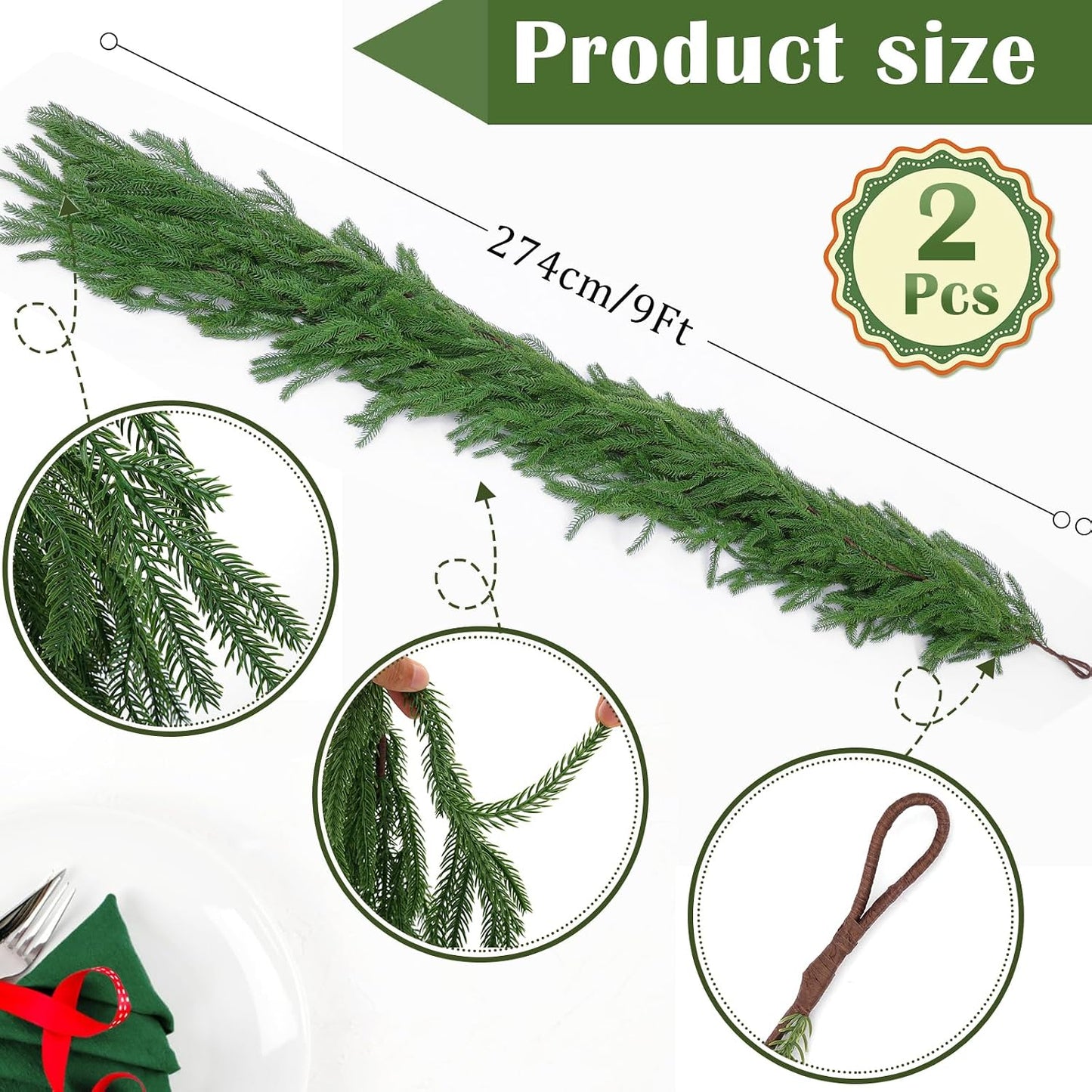 Hananona 2Pcs 6Ft Artificial Norfolk Pine Garlands, Real Touch Winter Pine Garland, Green Artificial Greenery Garland