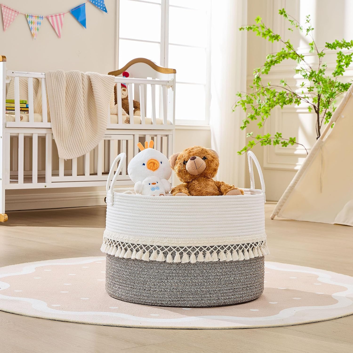 Pillows / Cotton Rope Storage Basket / Beige Fringe / 20 x 13