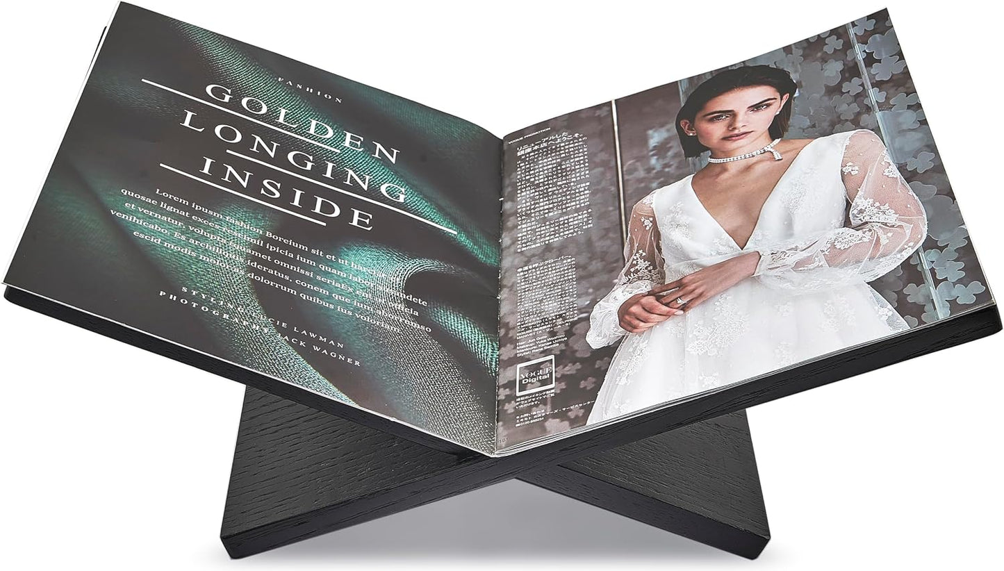 Honygebia Solid Oak Wood Book Stand, Cross Frame Open Display Holder | Solid Black Oak Wood, 14mm Thick Panels, 9.5"D x