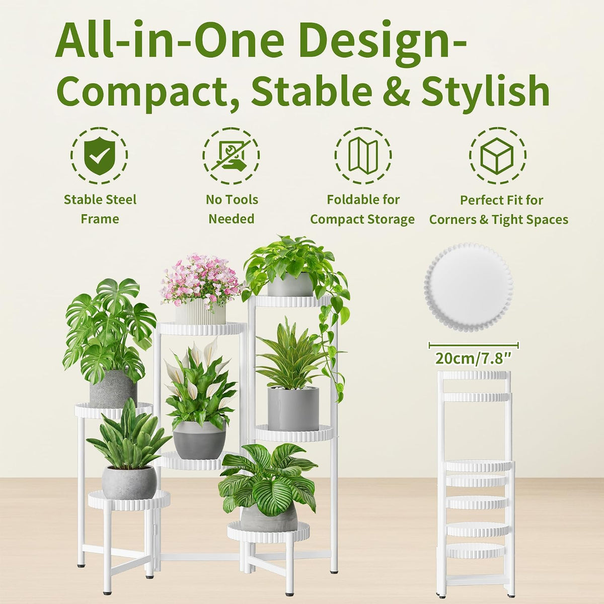 7 Tier Large Plant Stand Indoor, 7.9 Inch Wide Tall Corner Metal Plant Stands Outdoor for Multiple Plants, Folable