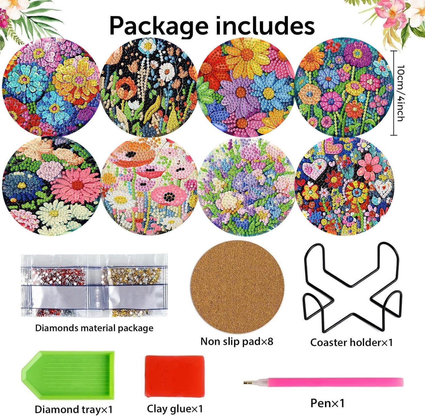 Holder Cork Pads / Colorful Flowers / Set of 8