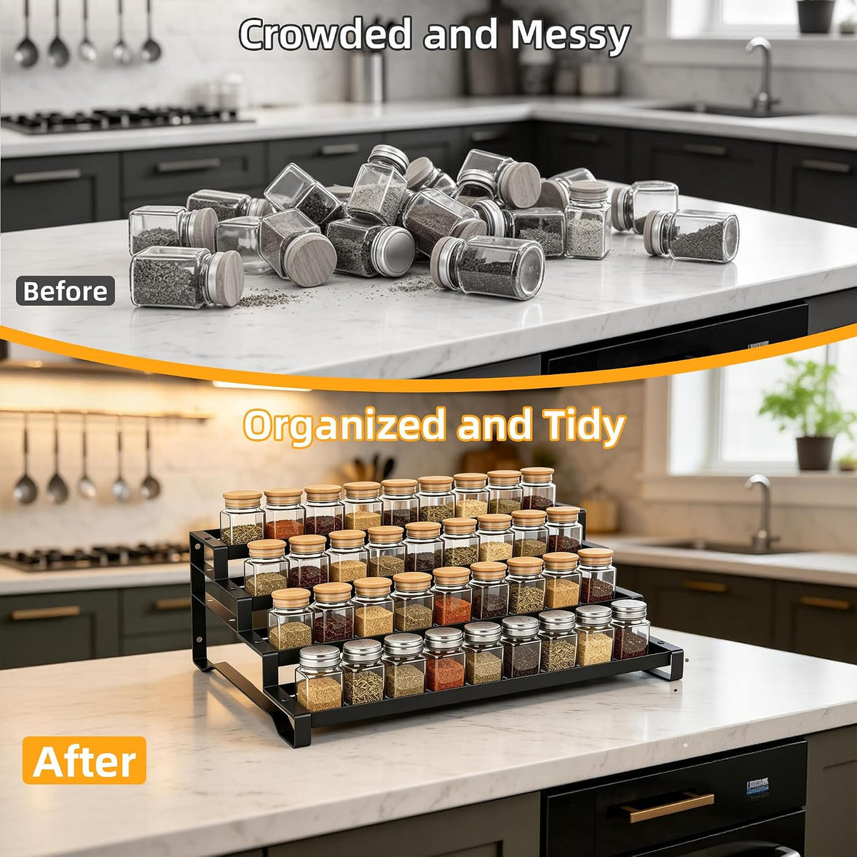 Spice Rack Organizer for Cabinet, 13-21.5" Expandable Spicy Shelf | 11.6" Depth 4-Tier Black Metal Seasoning Organizer