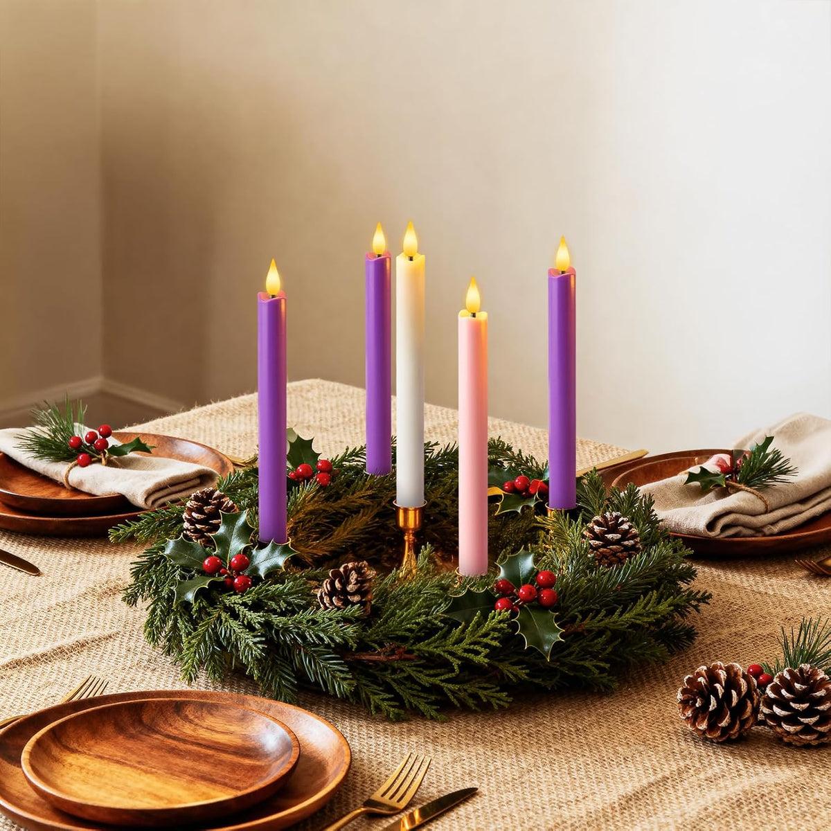 LED Advent Candles Set of 5, Flameless Taper Candles with Remote, Battery Operated Taper Candlestick Flickering, 3