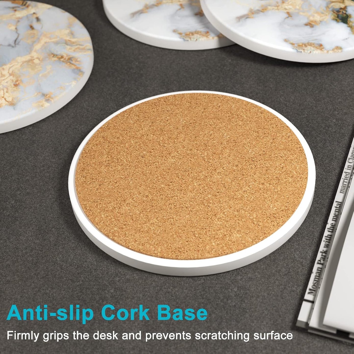 Holder and Cork Base / White Gray Gold Marble / Set of 6