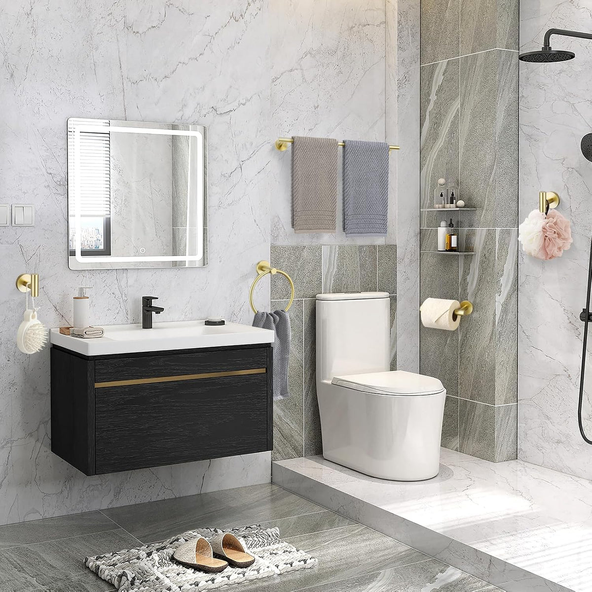 5 Pieces Brushed Gold Bathroom Hardware Accessories Set SUS304 Stainless Steel Gold Towel Bar Holder Set, 23.6Inch