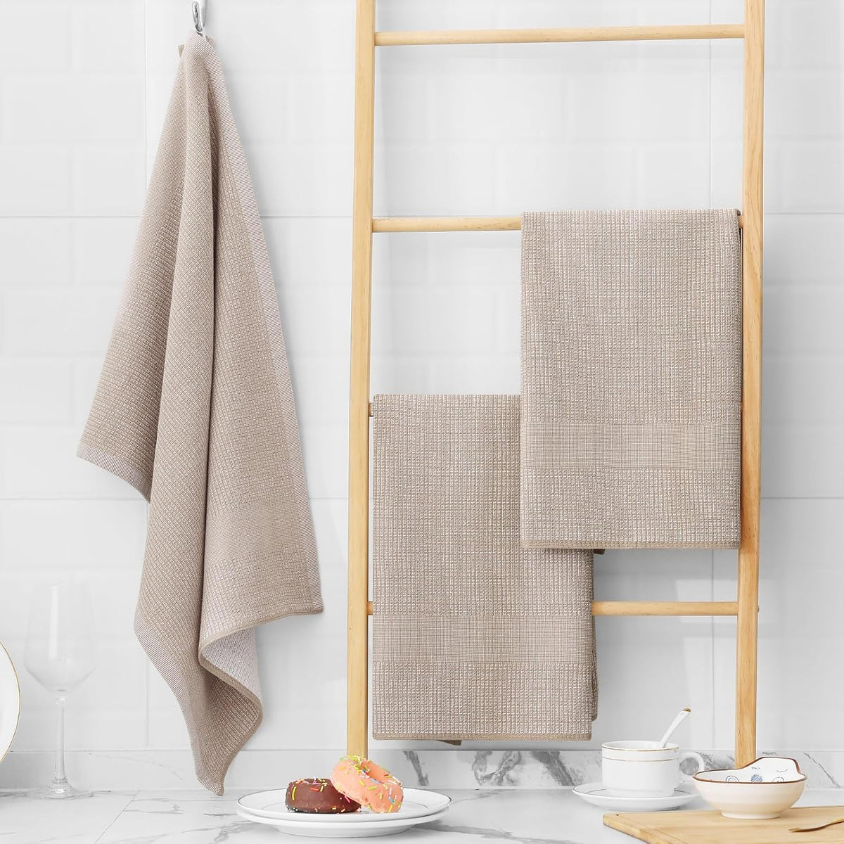 Homaxy 380 GSM Cotton Premium Kitchen Towels 12 Pack, 18"x 28", Khaki | Flat and Terry Dish Towels, Highly Absorbent