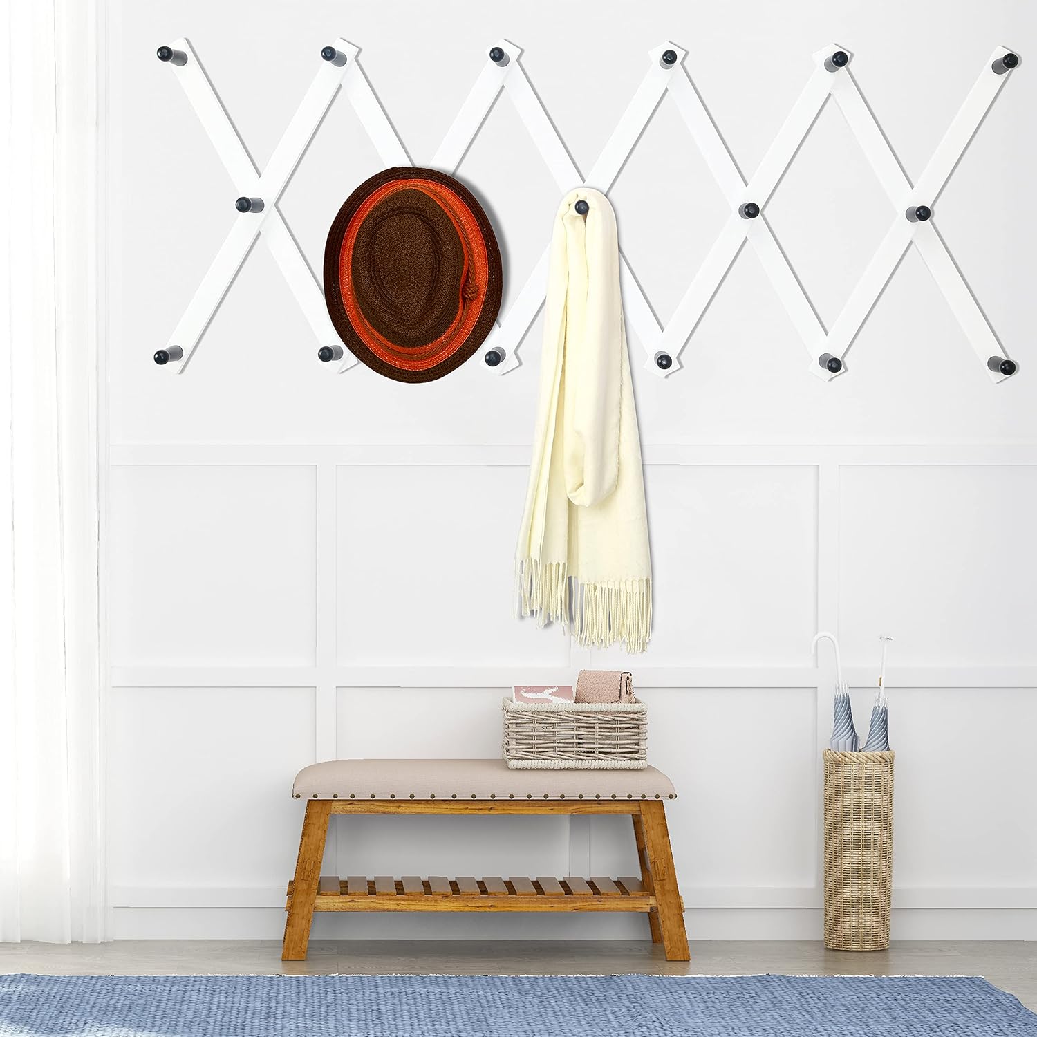 Accordian Wall Hanger: 16” High Wooden Wall Expandable Coat Rack, Hat Rack Holder, Accordion Hook for Baseball Caps