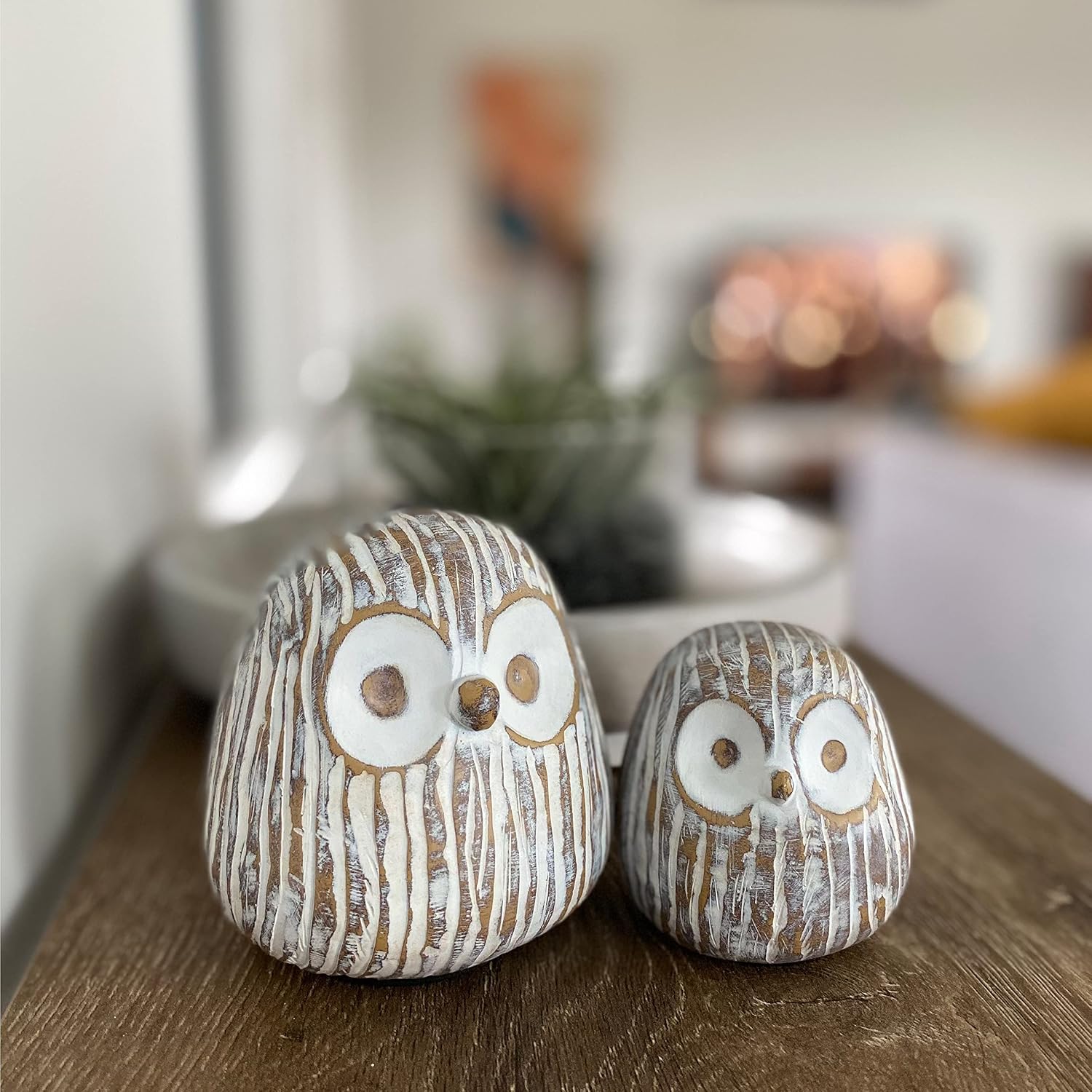 Chubby Night Owl Decor Statue Sculpture / Rustic Brown / Set of 2